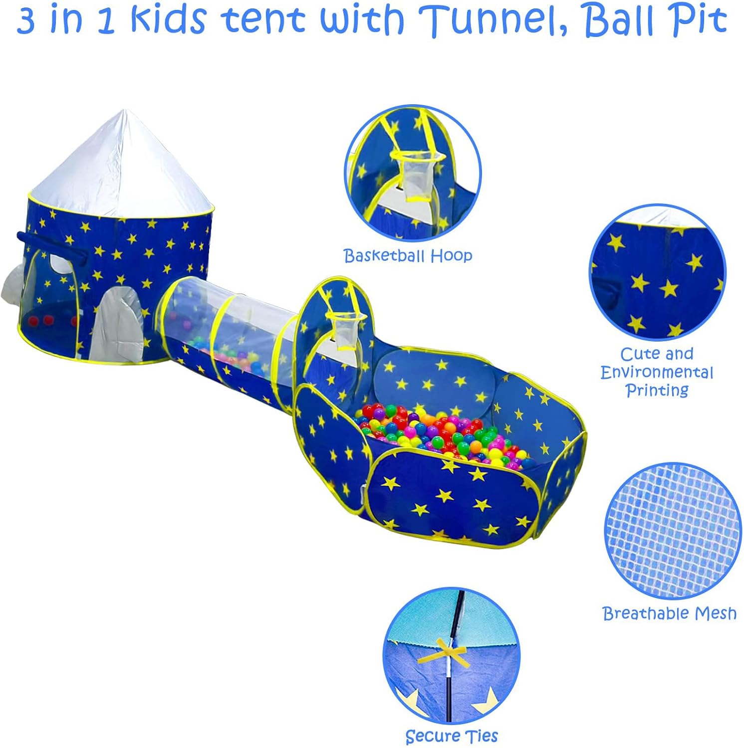 Thumbnail 4 de PigPigPen 3pc Kids Play Tent Set with Ball Pit and Crawl Tunnel (Space Theme)