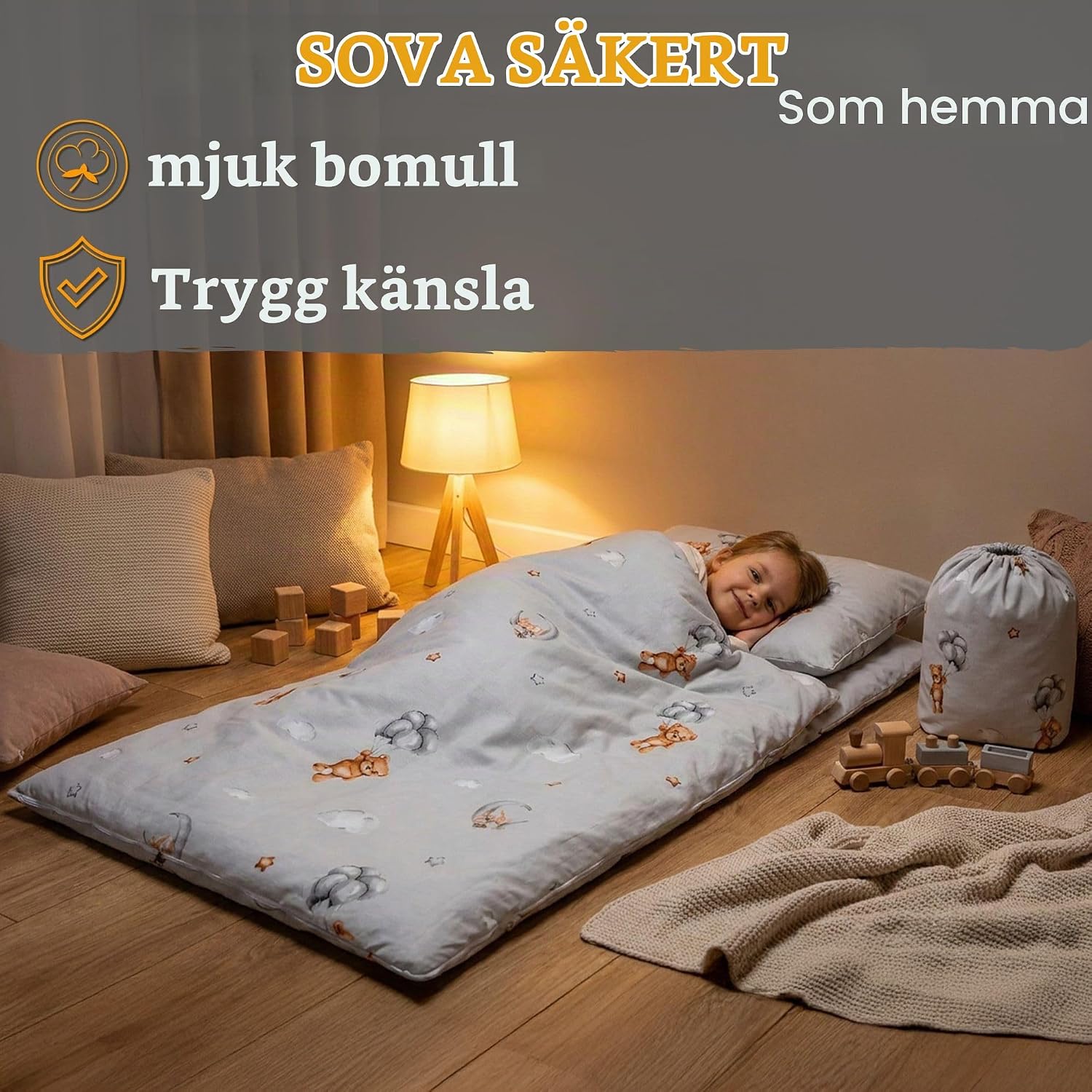 Detalle de Totsy Baby barnsovsäck 140 × 75 cm med kudde, bomullsfoder och blixtlås