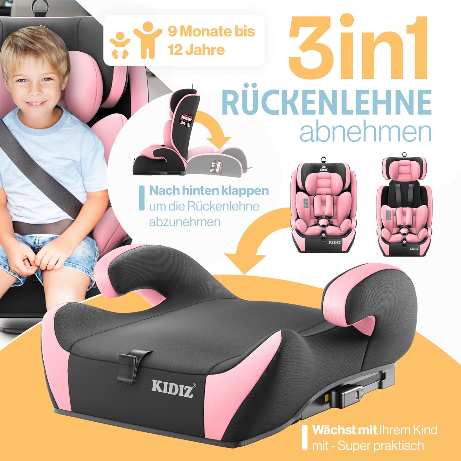 Thumbnail 2 de KIDIZ Autokindersitz mit ISOFIX i-Size R129 (100–150 cm) und 5-Punkt-Gurt, rosa