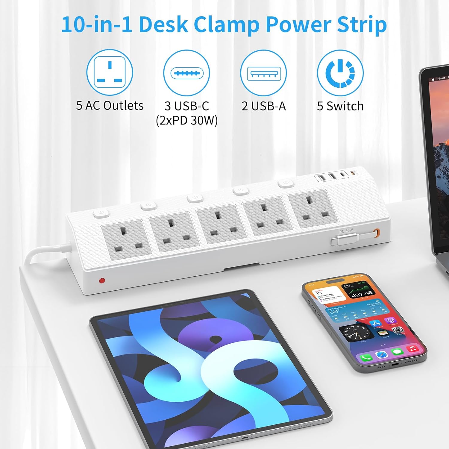 Thumbnail 2 de STGAROT Desk Extension Lead 1.8M with PD 30W USB-C, 5 AC Outlets & 5 USB Ports (Retractable USB-C Cable) — Clamp Mount