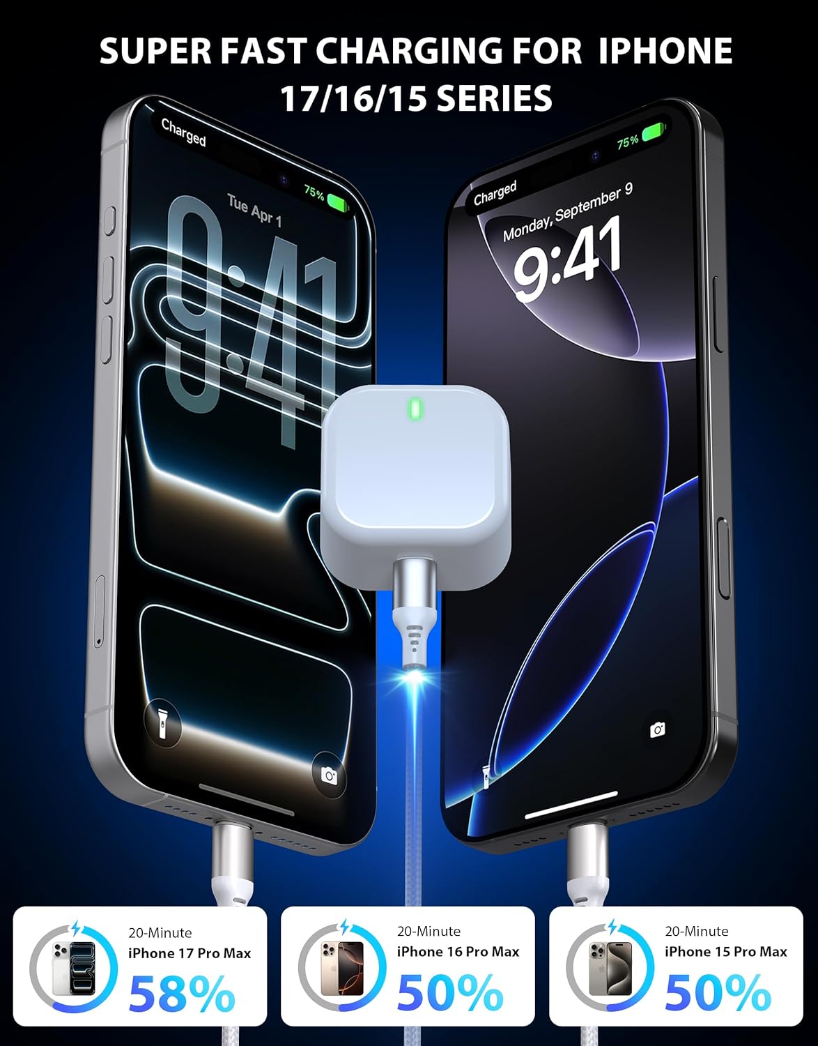Thumbnail 2 de 20W USB-C fast iPhone charger (double wall plug) with 10ft USB-C cable for iPhone 16/15 and iPad