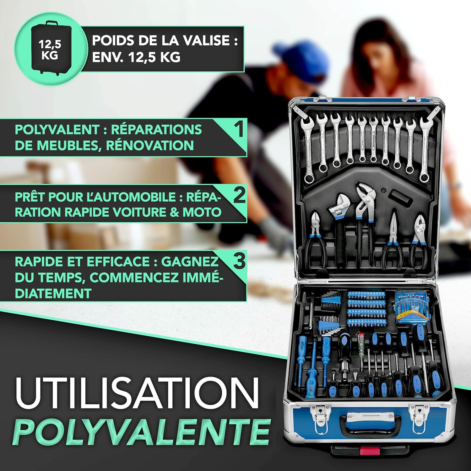 Detalle 2 de TRESKO Boîte à Outils 1400 pièces en Chrome Vanadium – Mallette aluminium et poignée télescopique (Bleu)