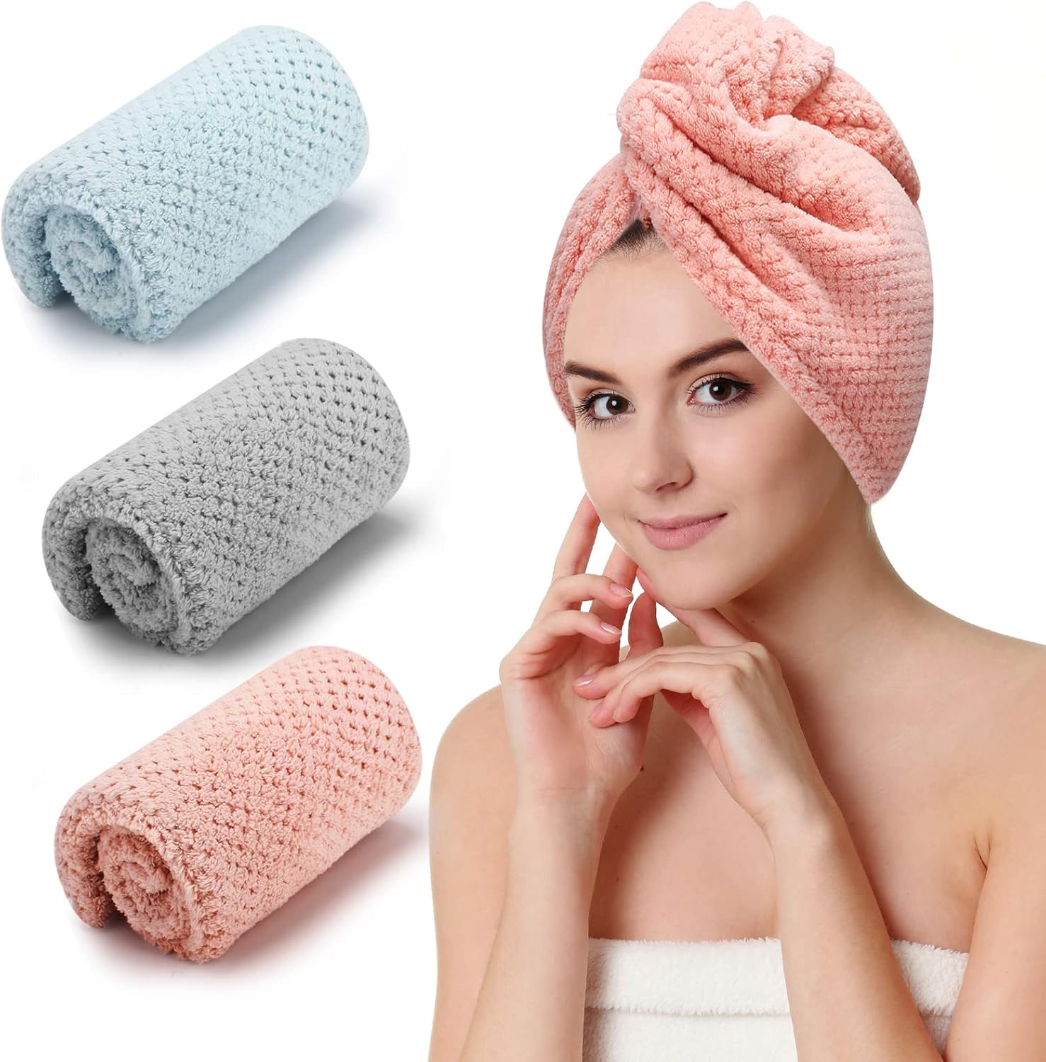 Detalle de CZZXI TW-GPB Microfiber Hair Towel Set, 3-Pack in Grey, Pink and Blue