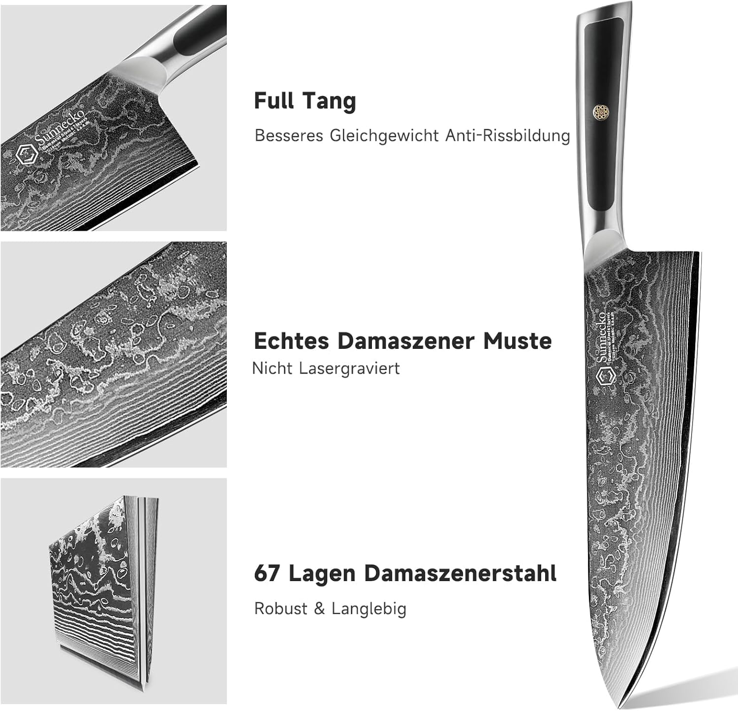 Thumbnail 2 de Sunnecko Damastmesser 20 cm – Kochmesser aus 67‑Lagigem Damaststahl mit VG-10 Kern und ergonomischem Griff