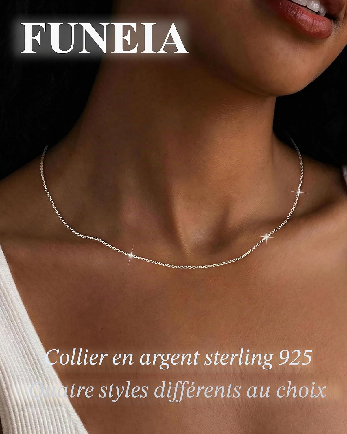 Detalle de FUNEIA Collier en Argent Sterling 925 – chaîne fine 1,1 mm / 1,3 mm, longueurs 40–55 cm, sans pendentif
