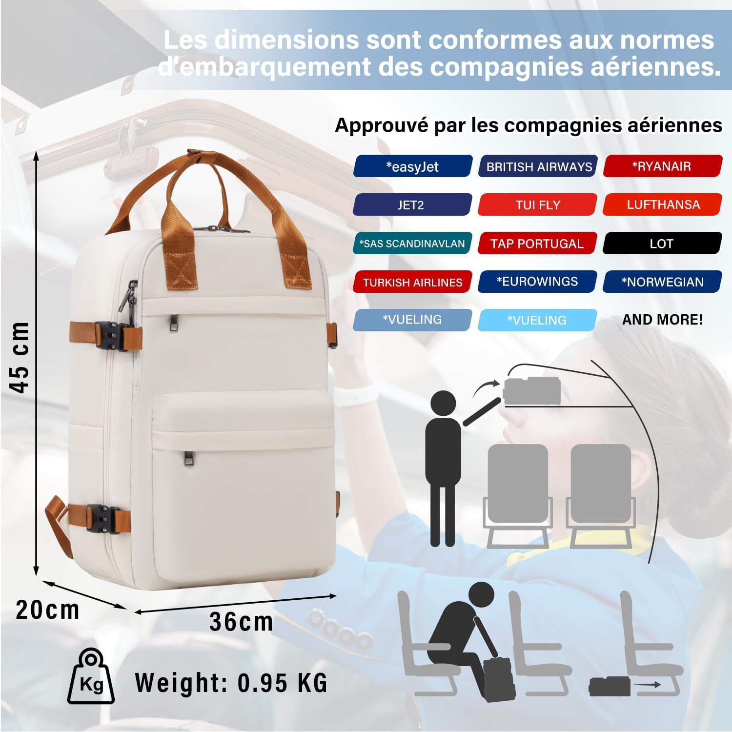 Detalle de COOLIFE sac de cabine 40 x 20 x 25 cm (20 L) pour Ryanair — sac à dos bagage à main sous le siège