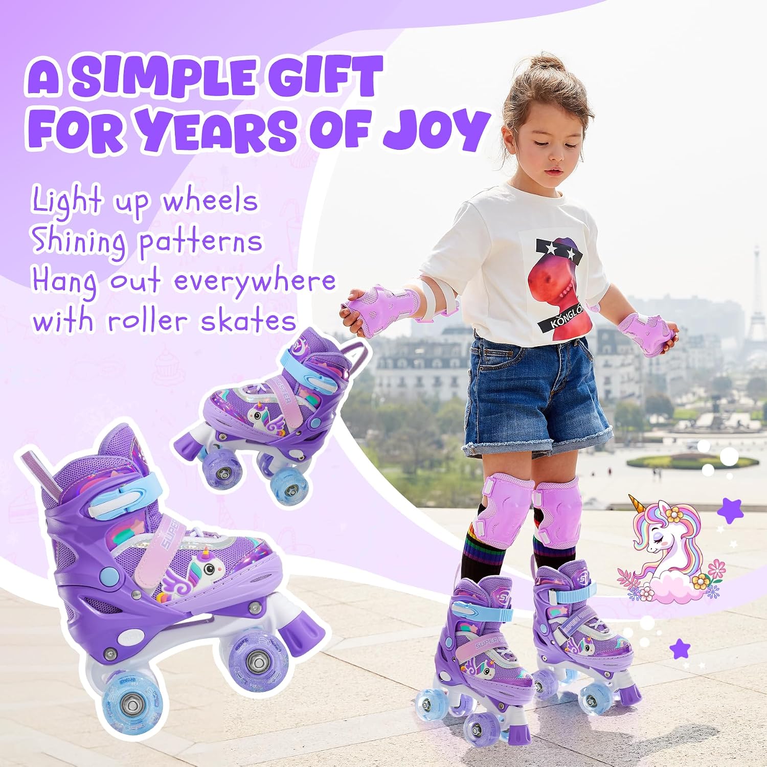 Detalle 2 de SUPER YOUNGSTER Adjustable Light Up Unicorn Roller Skates for Girls 🛼