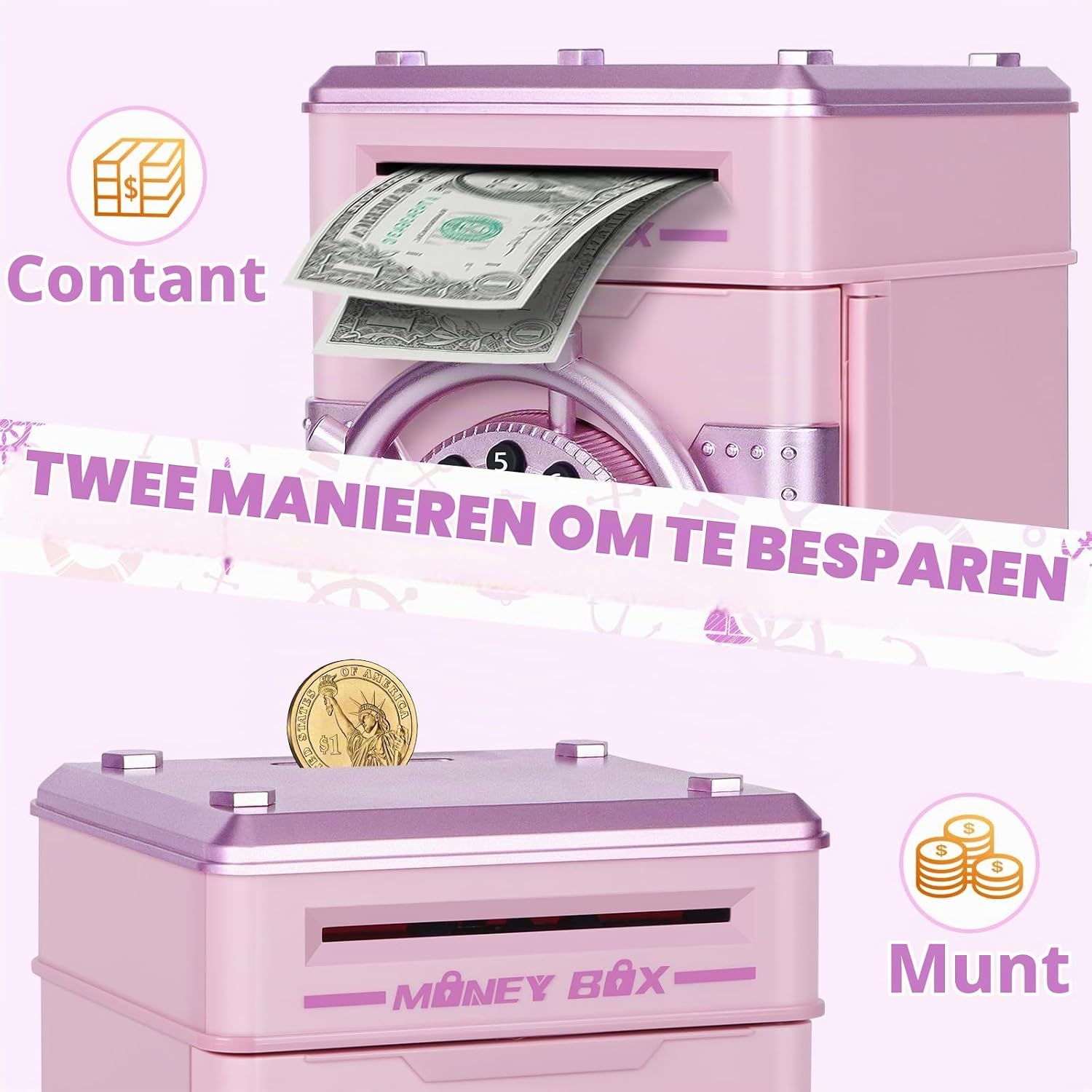 Detalle de Yellcetoy YE941 elektrische spaarpot in roze met code, muziek en muntsleuf