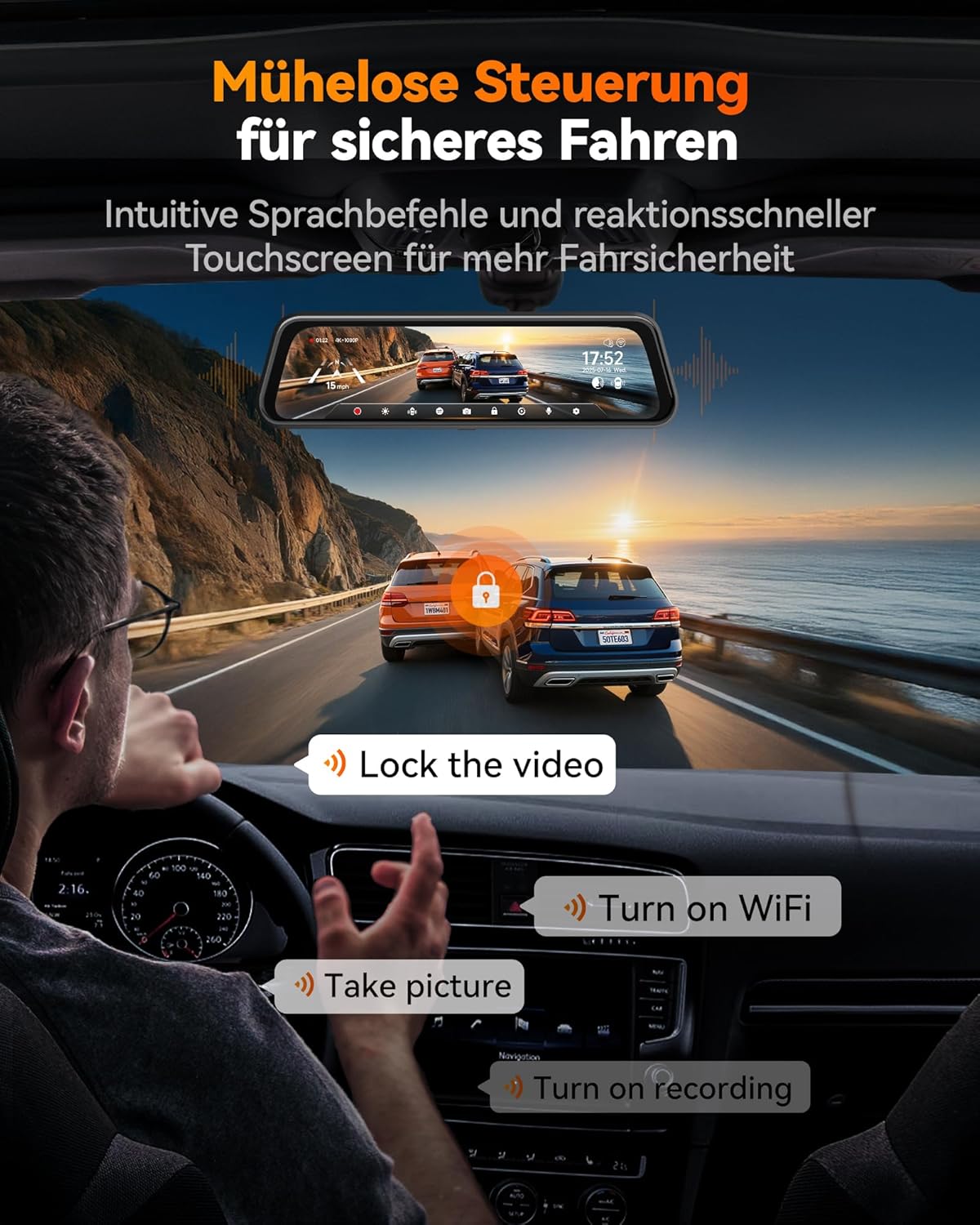 Thumbnail 3 de WOLFBOX M40 10" Rückfahrkamera-Spiegel mit 4K-Vorderkamera, 1080P-Rückkamera, ADAS/BSD, Sprachsteuerung, Wi‑Fi & GPS