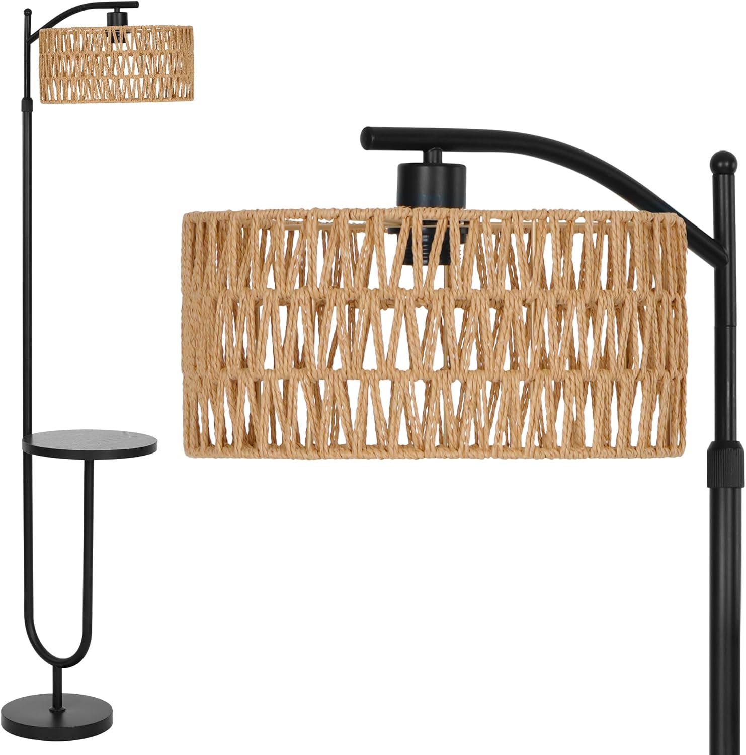 Detalle de LuminexDesigns Stehlampe Wohnzimmer Vintage Rattan – Höhenverstellbar, E27, Ablage, Fußschalter, Schwarz-Beige