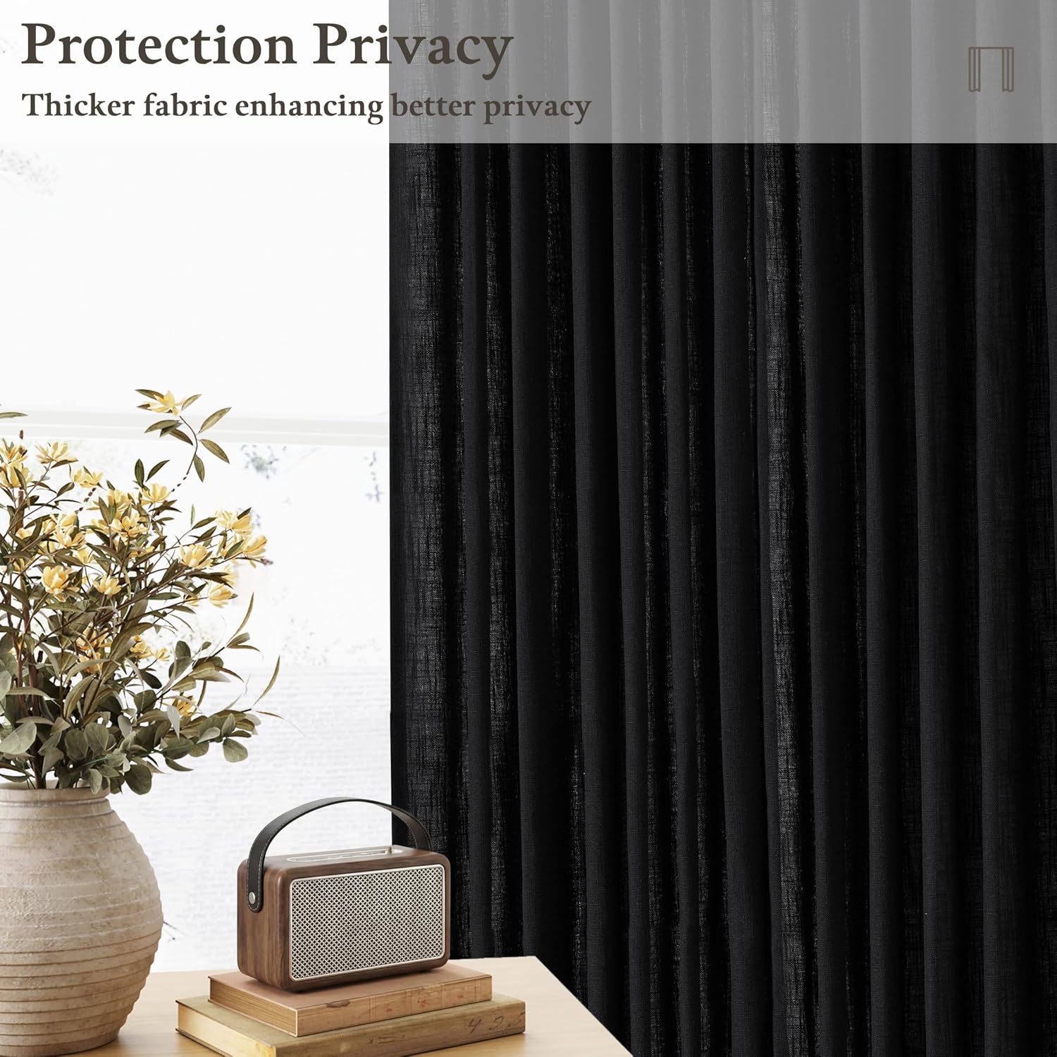 Detalle 2 de Black Pinch Pleated Linen Curtains, 105 Inches Long (2 Panels Set) with Memory-Shaped Pleats
