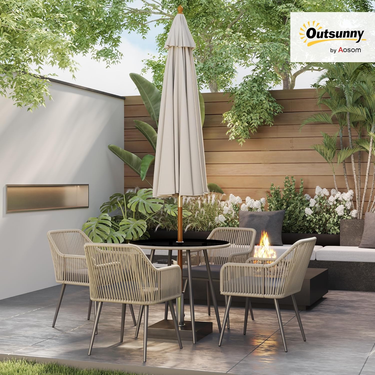 Detalle 2 de Outsunny Salon de Jardin Extérieur en Résine Tressée – Table ronde et 4 chaises avec coussins, Marron