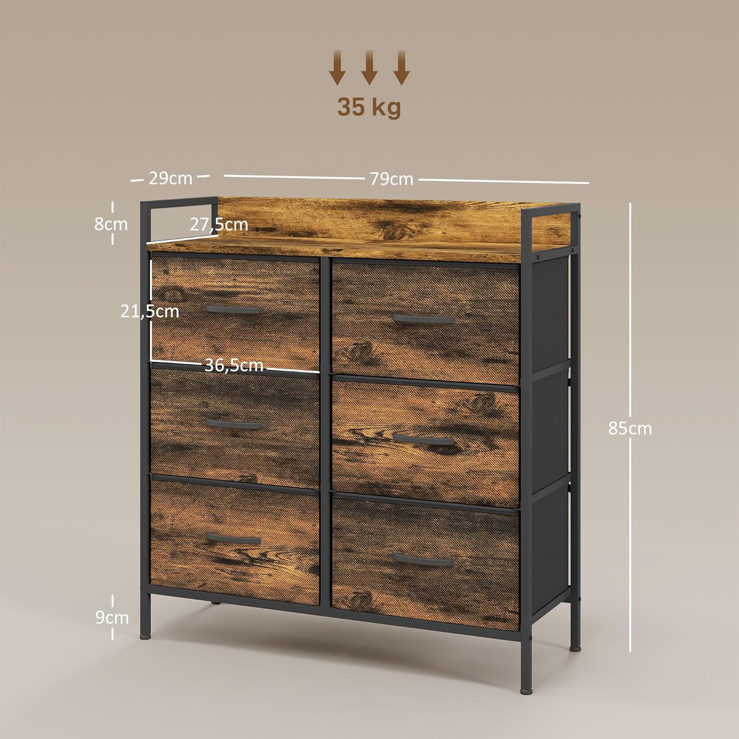 Detalle de HOMCOM Commode en tissu à 6 tiroirs pliables avec cadre en acier – look industriel pour chambre et salon