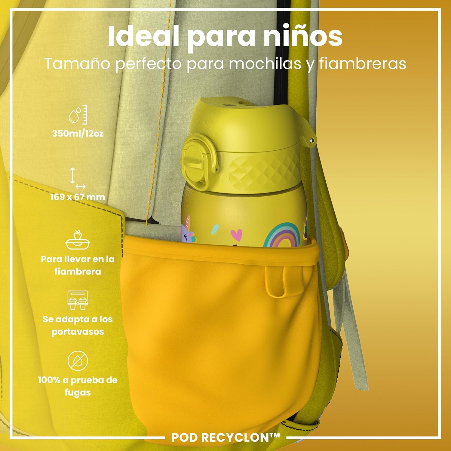 Detalle 2 de ion8 Botella de Agua para Niños 350ml Antigoteo Unicornios Amarillo 🦄