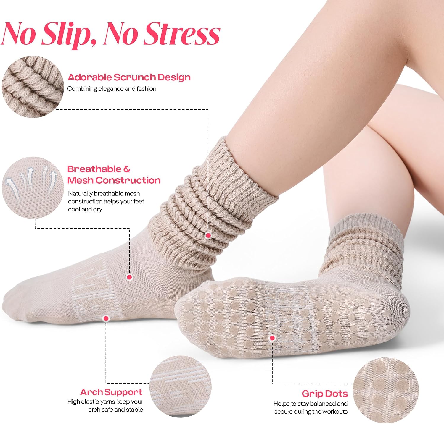 Detalle de CoolMate Pilates Socks with Grips Non-Slip Crew