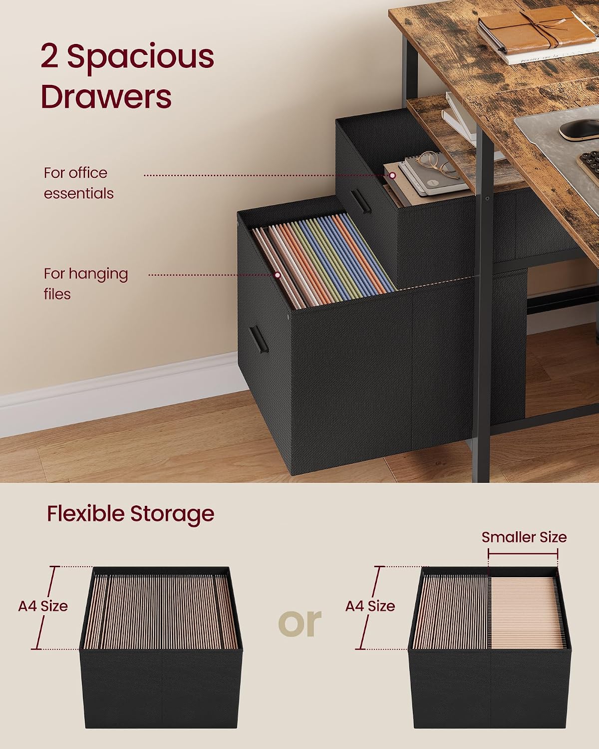 Thumbnail 3 de VASAGLE Computer Desk with Storage (LWD103KD01) – 127 x 50 x 76 cm, Rustic Brown & Matte Black