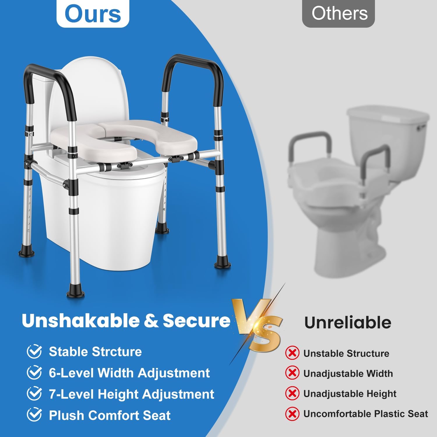 Thumbnail 6 de JIYUZEST Adjustable Raised Toilet Seat with Handles, Padded, 400 lb Capacity