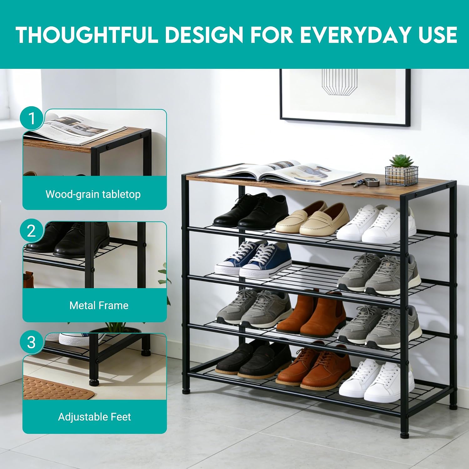 Detalle de ZOESTORAGE Schuhregal 5 Ebenen mit Sitzgelegenheit – robustes Metallregal mit rustikalbrauner Sitzfläche, 60 × 30 × 85 cm
