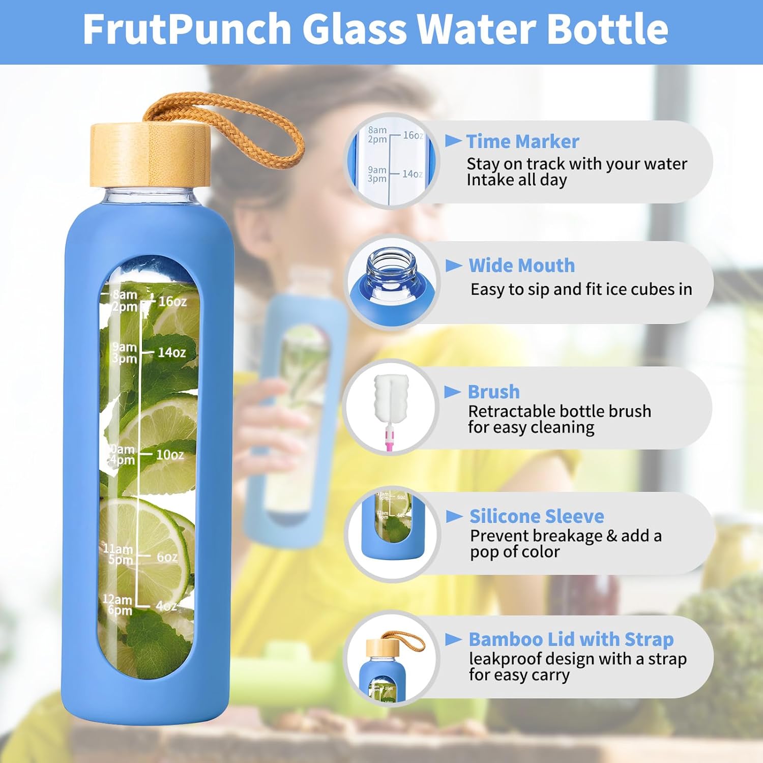 Detalle de FrutPunch 500ml Glass Water Bottle with Time Markings – Blue