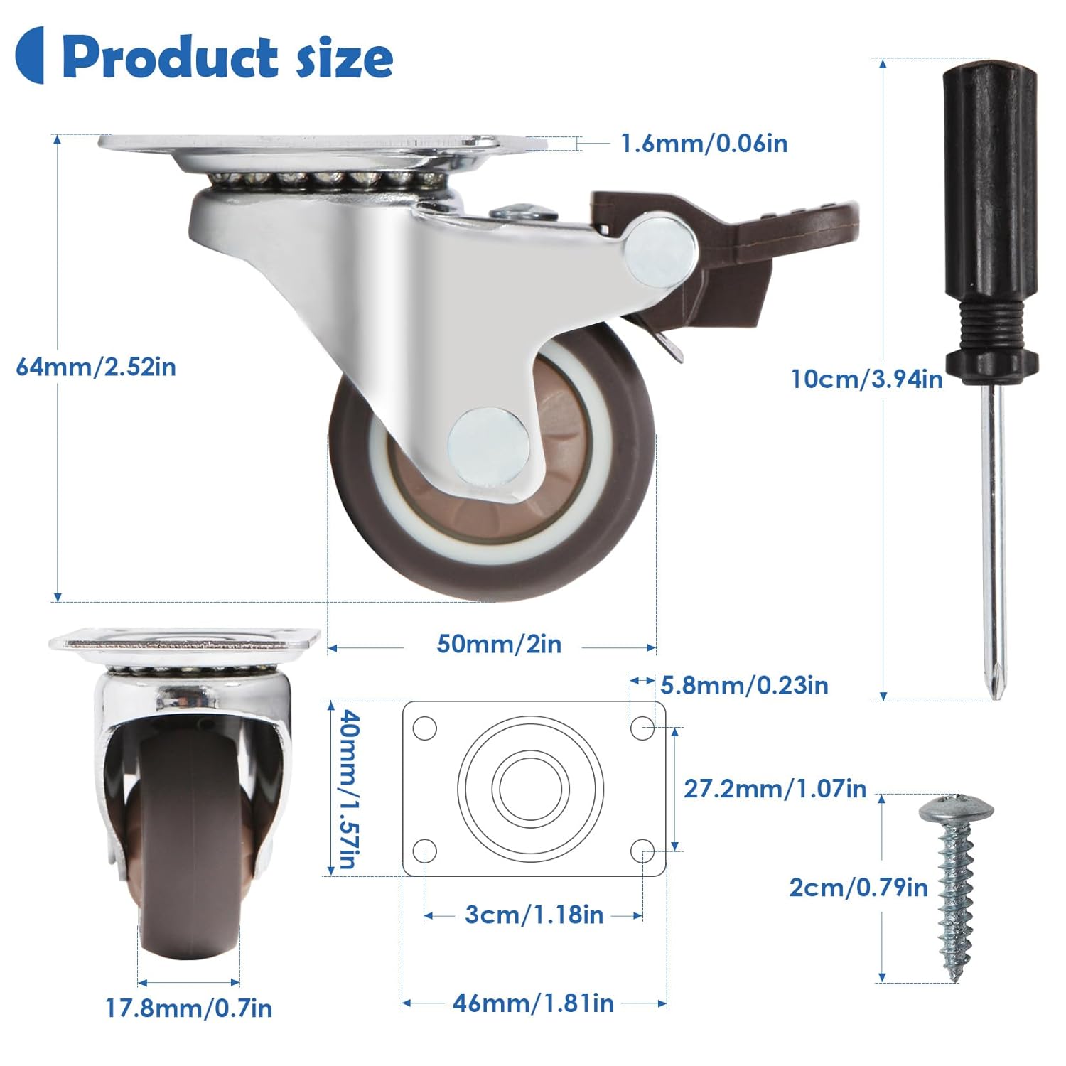 Thumbnail 2 de W B D WEIBIDA 50mm Ruote per Mobili Pesanti con 270 kg di Capacità e 4 Freni – Set di 4 con Viti e Cacciavite Incluso