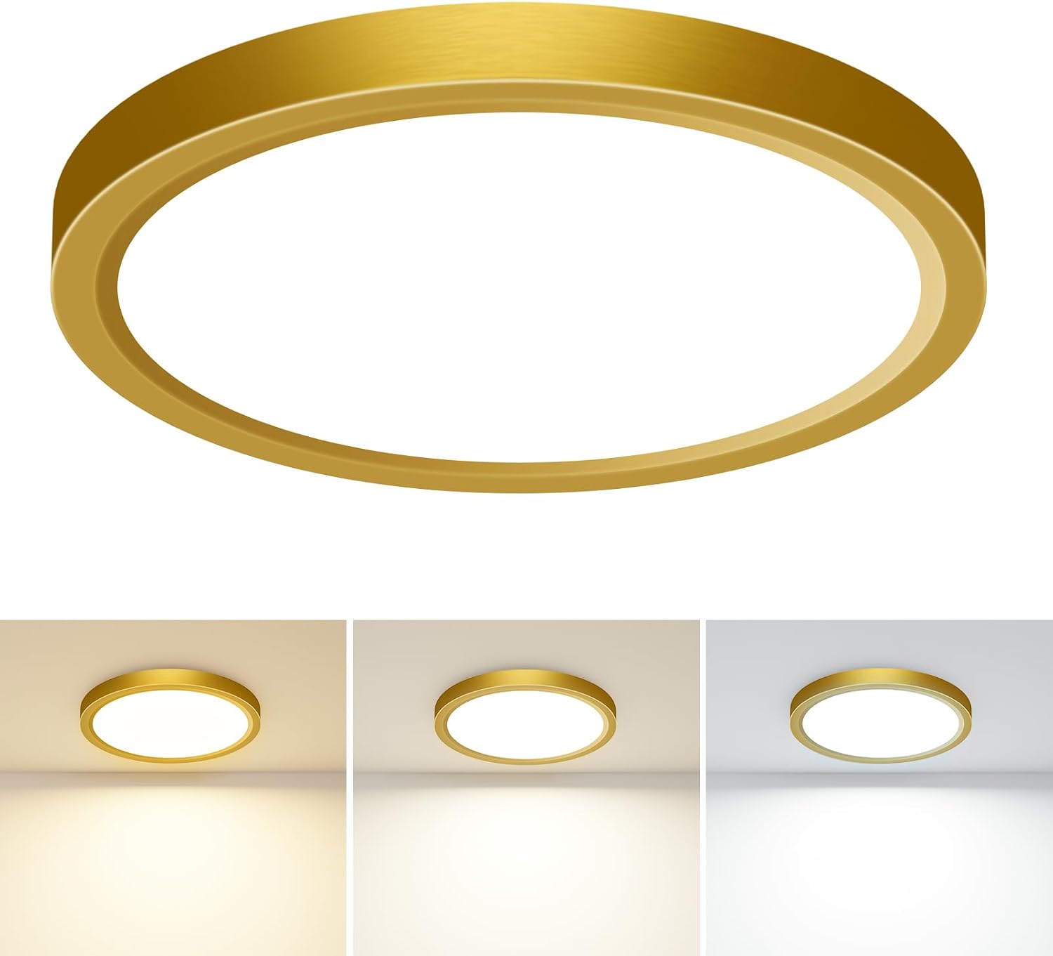 Detalle de slochi Bathroom Light: 3‑in‑1 Colour Temperature, 18W, 22cm Round Flush Ceiling Light (Gold)