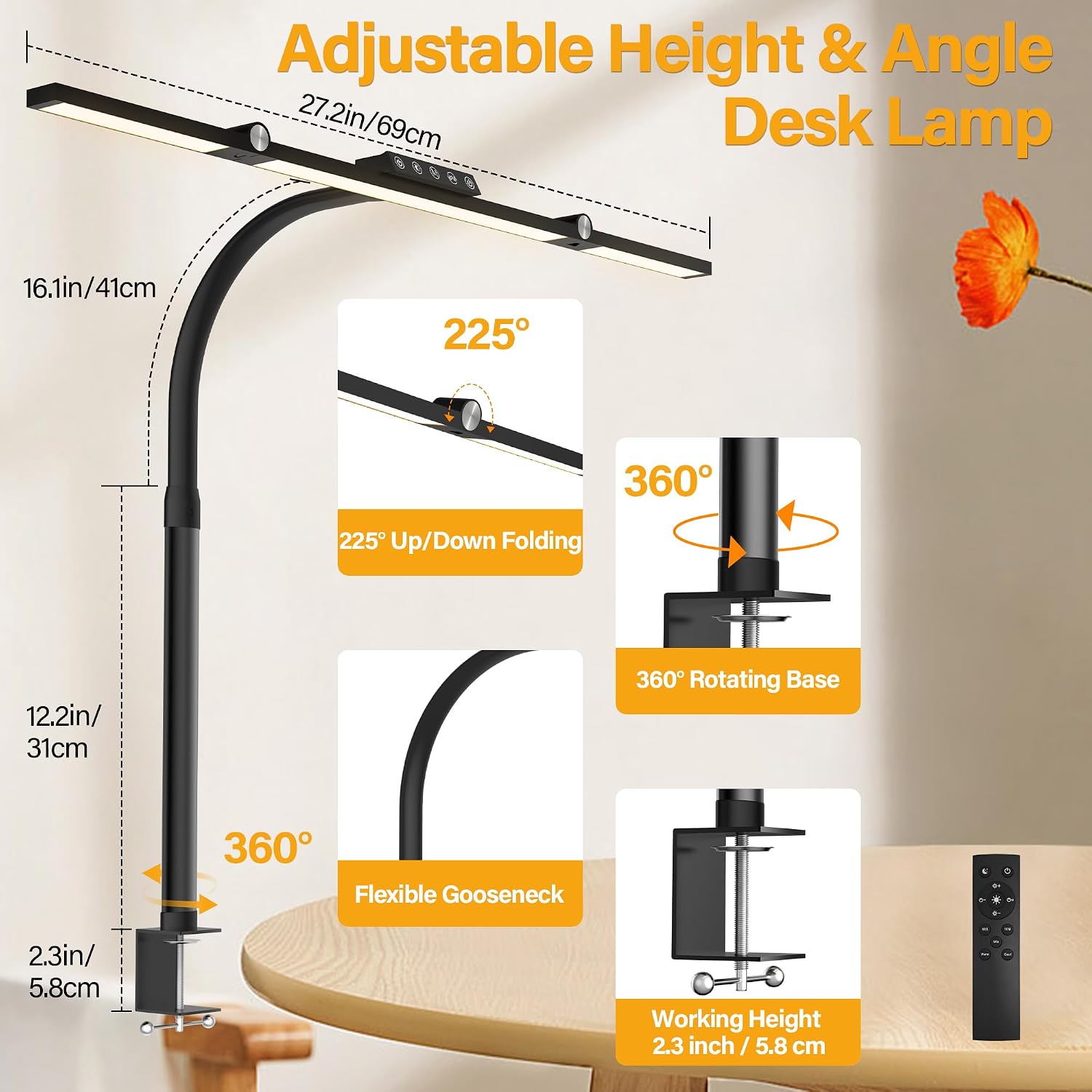 Detalle 1 de VOURTM ZT868 LED Clamp Desk Lamp, 24W, 69 cm Light Bar, Remote