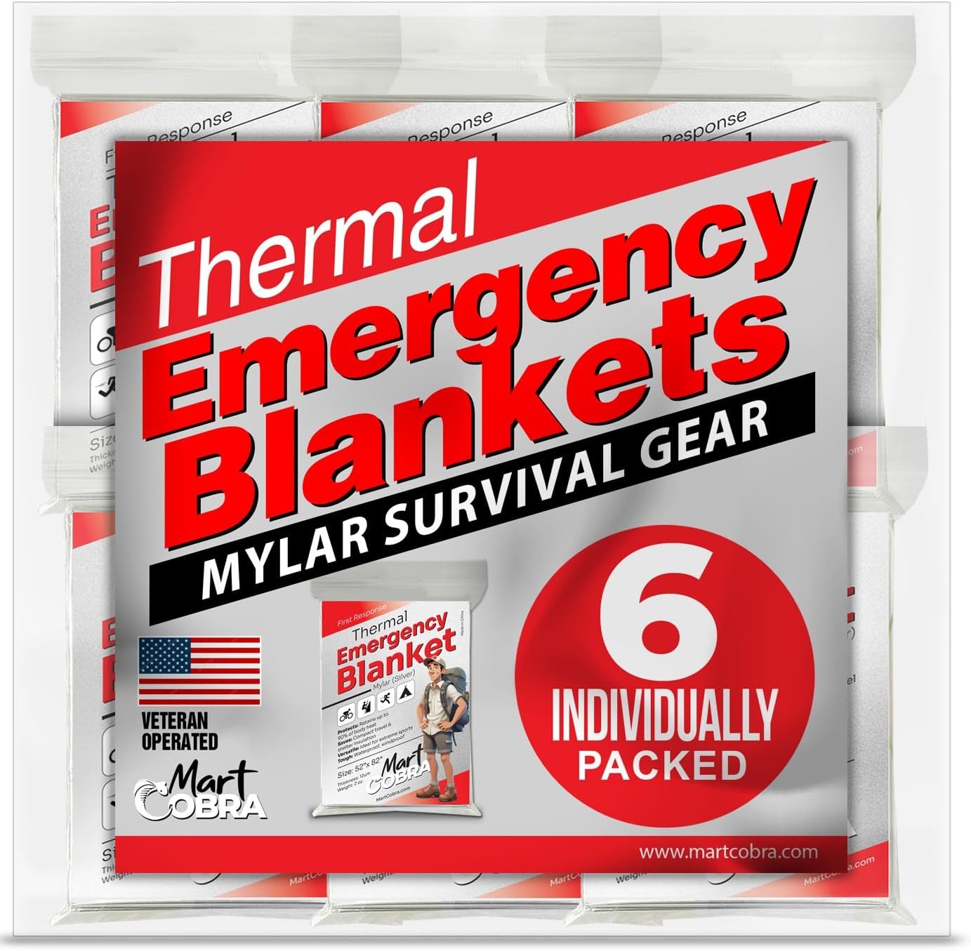 Detalle de Mart Cobra 6PACK Emergency Blankets, 82 x 52-Inch Reflective Mylar, 6-Pack