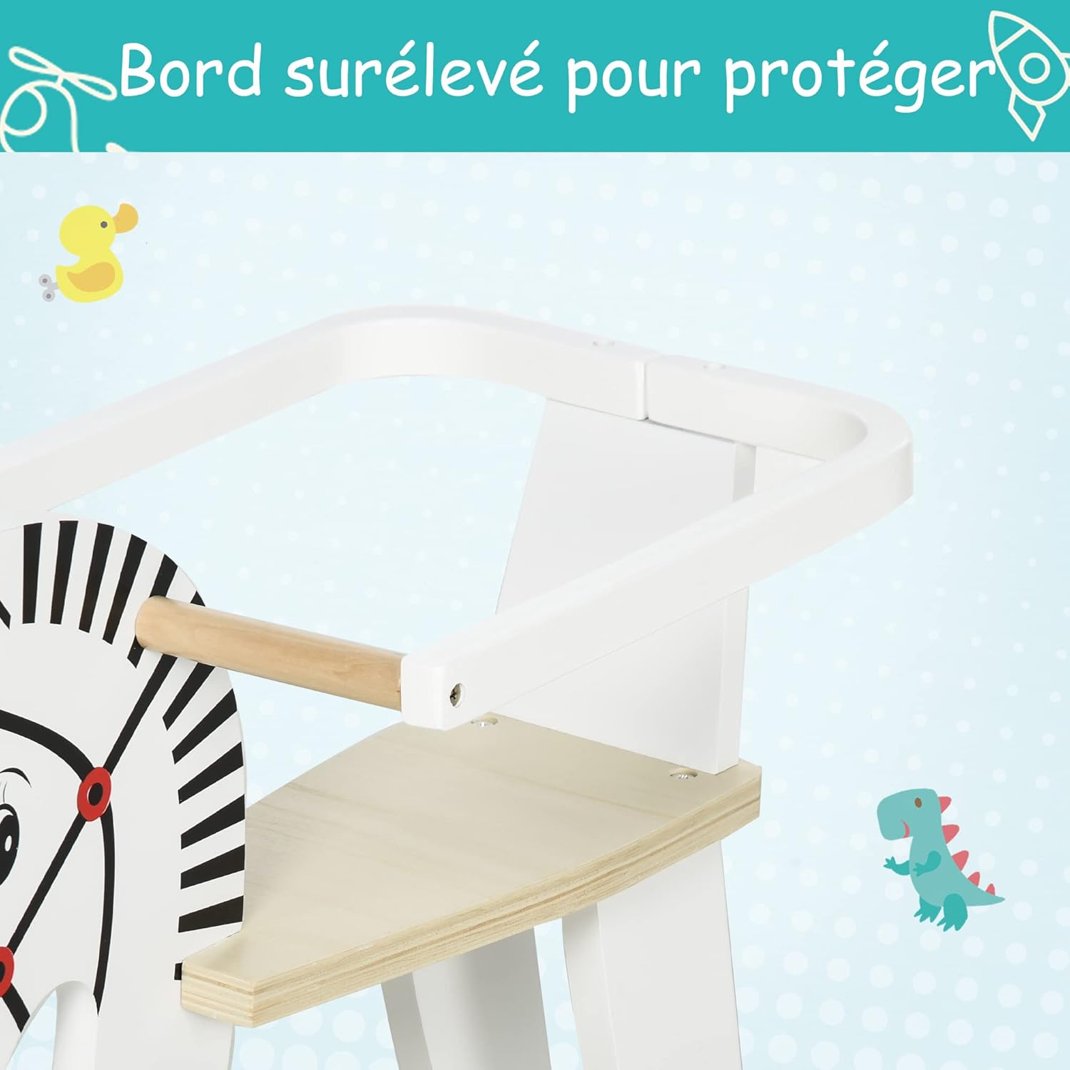 Thumbnail 5 de HOMCOM Cheval à Bascule Zebra en bois avec poignées, repose-pieds et anneau de sécurité