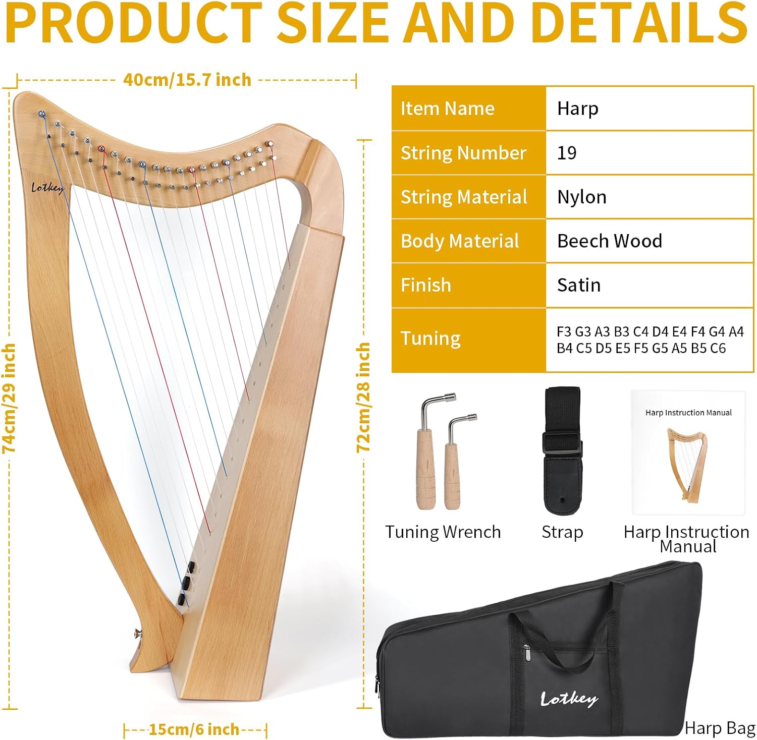 Thumbnail 6 de Lotkey Electric Lyre Harp, 19 Strings