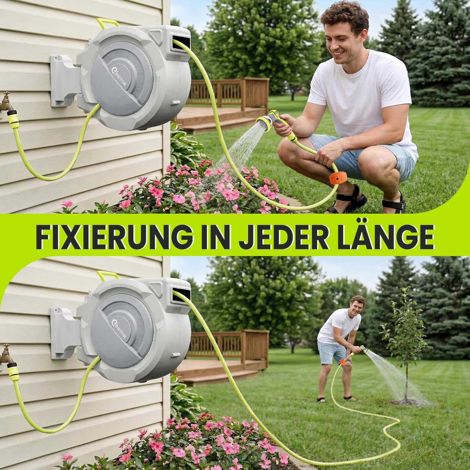 Thumbnail 3 de Bietor Schlauchtrommel Wasser 45m + 2m – Automatische Aufrollung, 180° Wandhalterung und 10-funktionen Sprühdüse