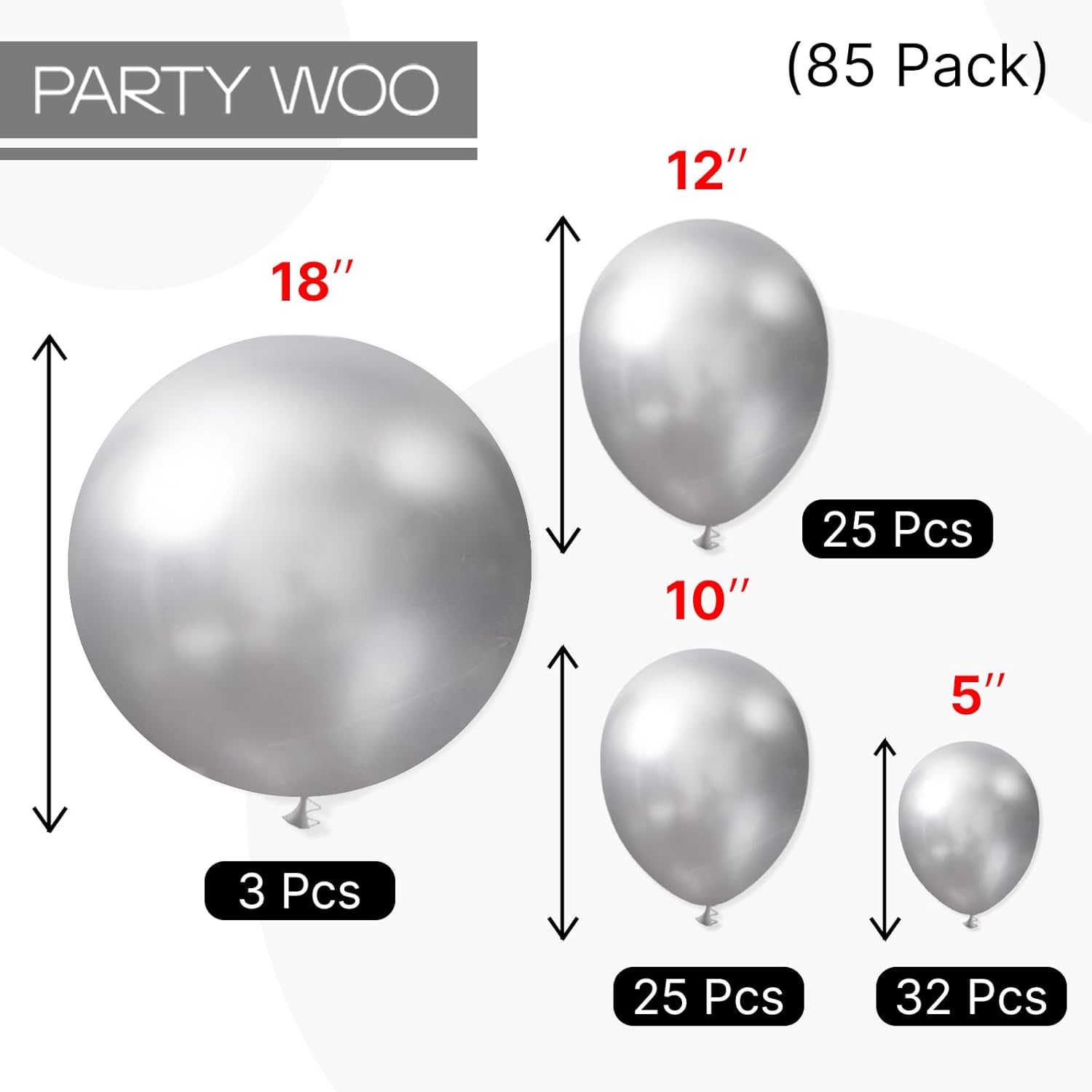 Thumbnail 6 de PartyWoo Metallic Silver Balloons, 85 pcs – Multisize Silver Latex Balloon Set for Garland, Arch, and Party Decor