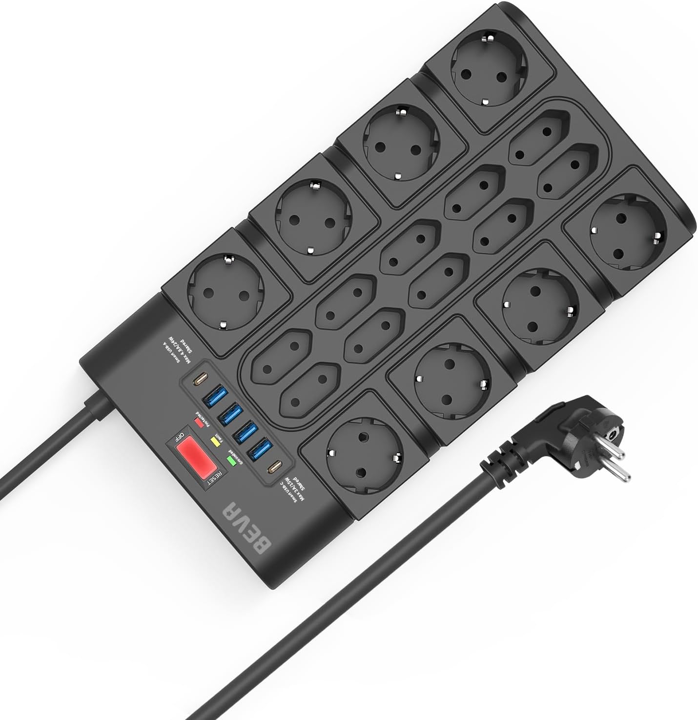 Detalle de BEVA QR1820-U stekkerdoos met 18 stopcontacten en 6 USB-poorten