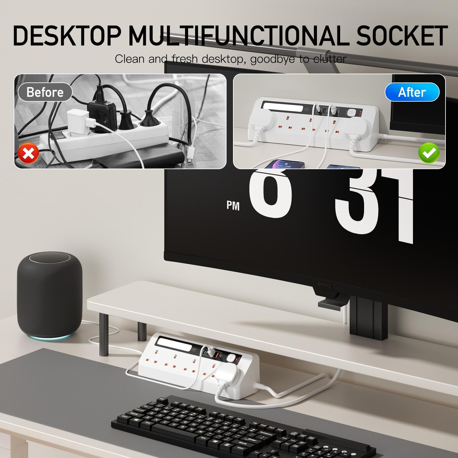 Detalle de BOCHLION 9-in-1 Desk Extension Lead with USB Slots (PD 35W + PD 20W) and Night Light, 5-Way Surge Protector, 1.8m