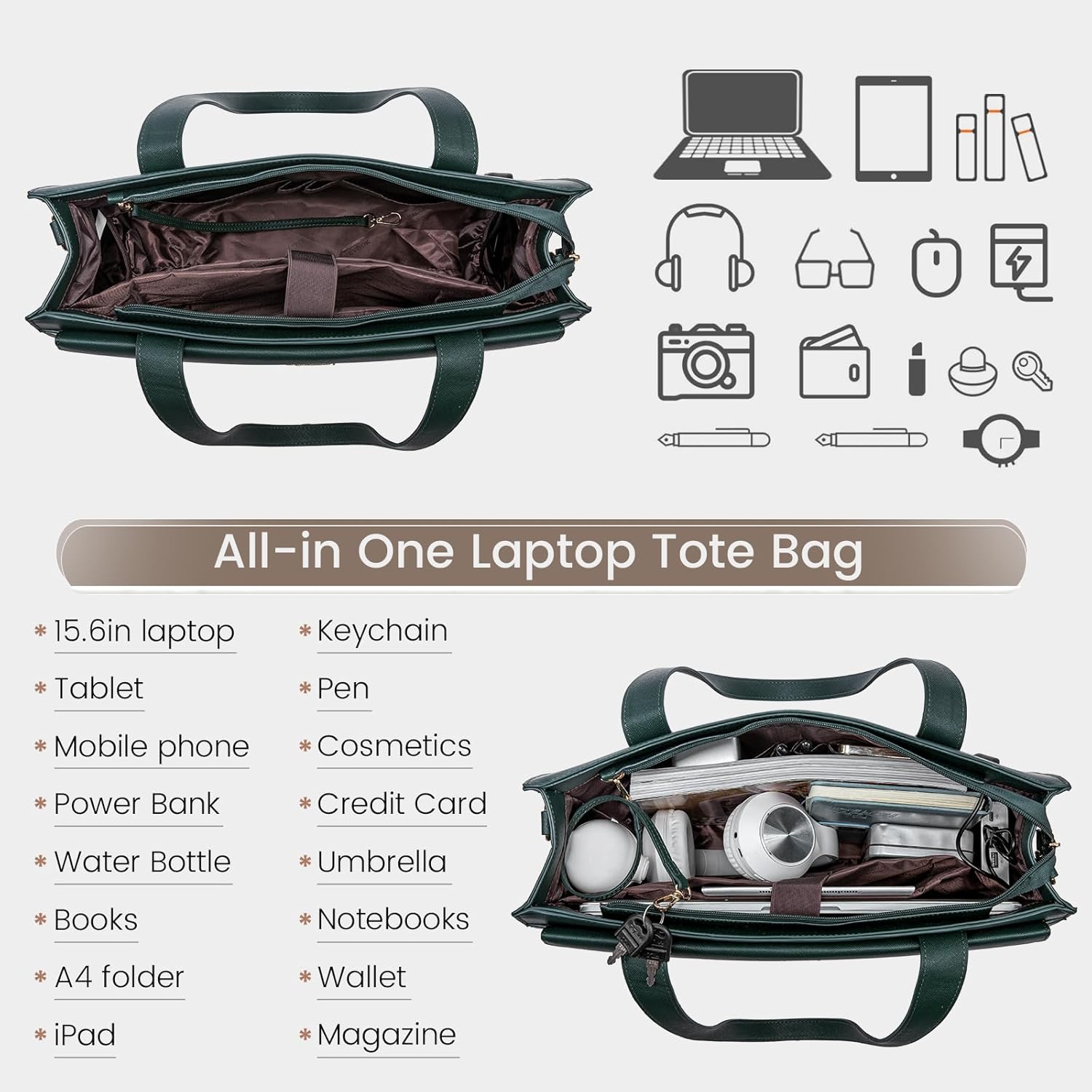 Detalle de LOVEVOOK Laptop Tote Bags for Women (15.6 inch) with Laptop Compartment, Green PU Leather Office Shoulder Bag