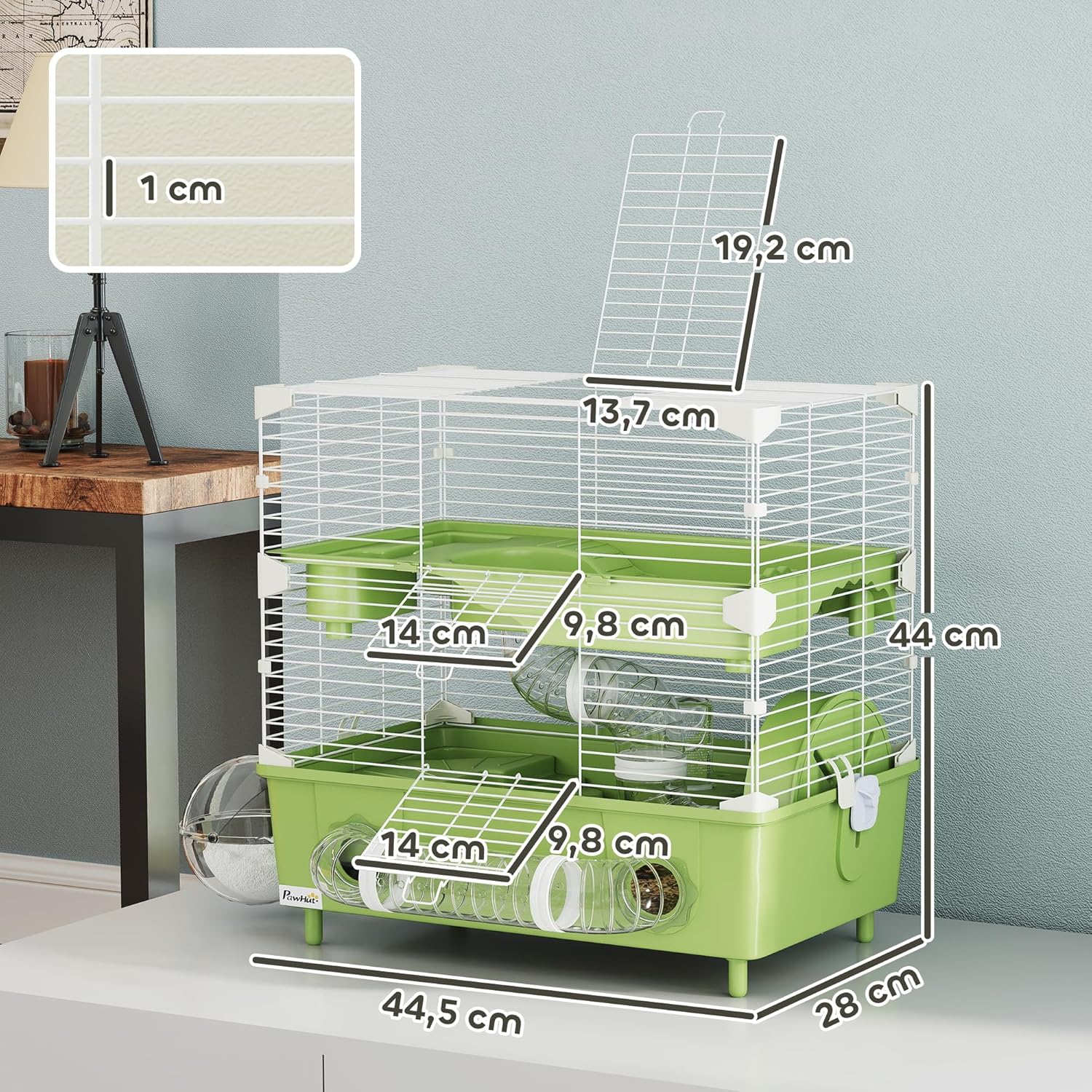 Thumbnail 6 de PawHut Cage pour Hamster à 2 Niveaux avec roue de course et salle de bain en sable, 44,5 x 28 x 44 cm, vert