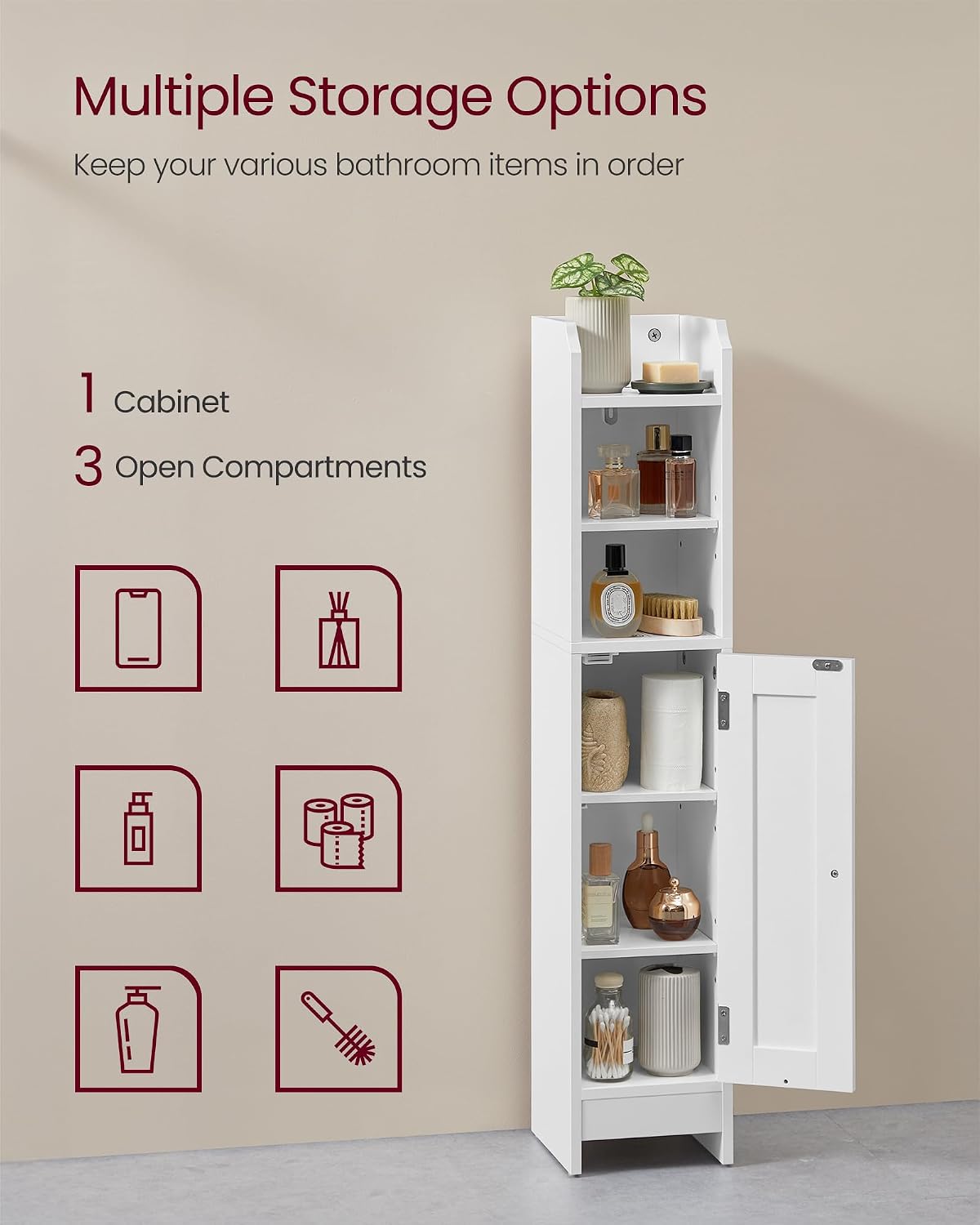 Detalle 2 de VASAGLE SIREN BBC311W01 Slim Bathroom Cabinet, Cloud White, Adjustable Shelves