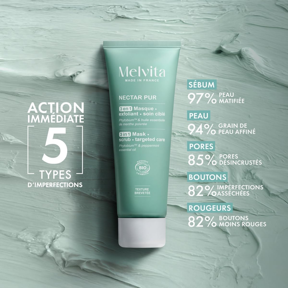 Detalle de Melvita Nectar Pur Masque Exfoliant 3 en 1 – Peaux mixtes à grasses, 75 ml