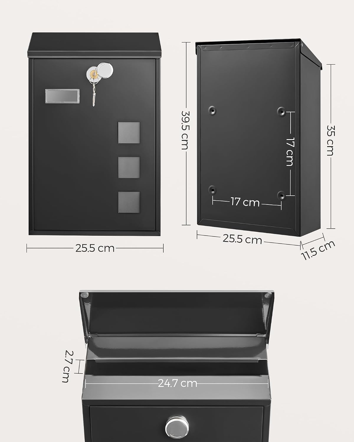 Detalle de SONGMICS GMB031B02 modern wall-mounted post box with viewing windows, nameplate and lock