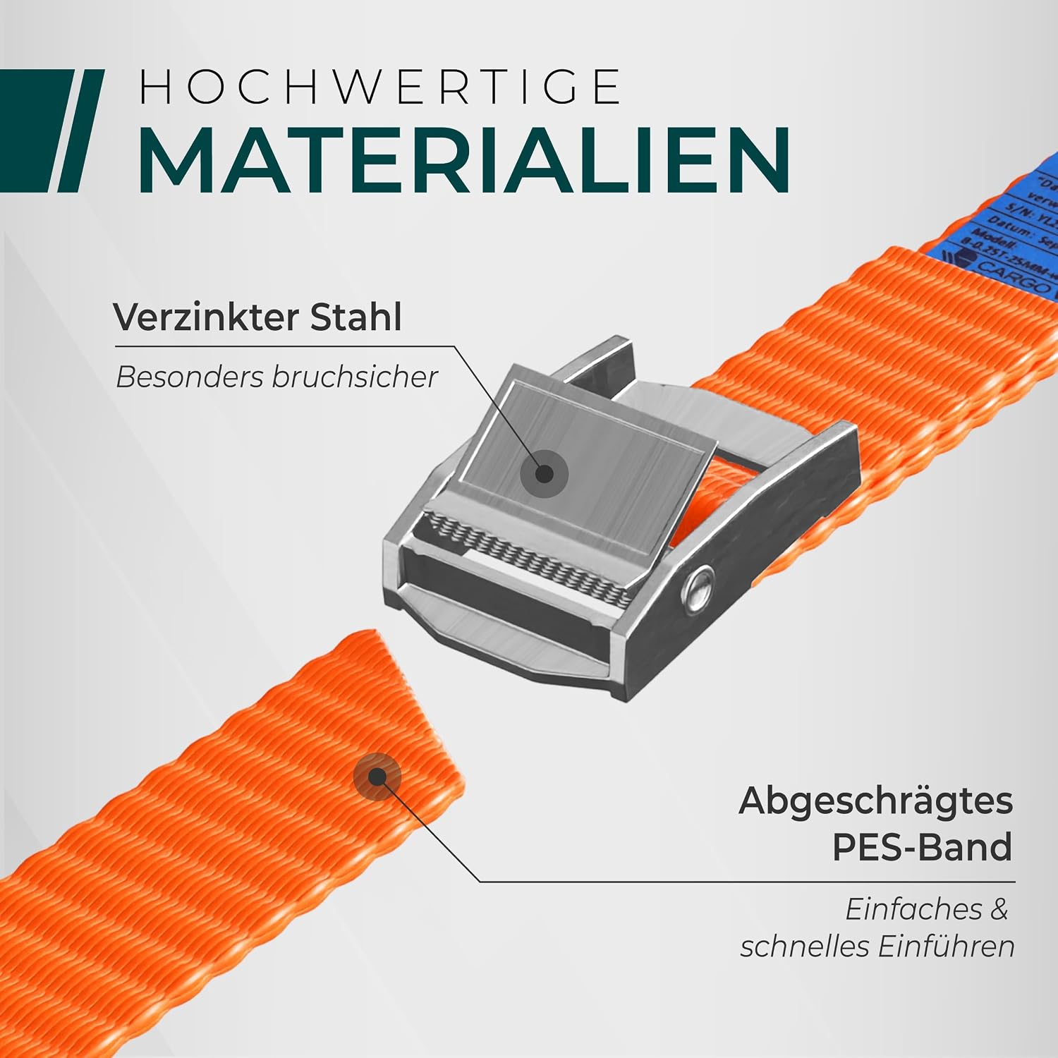 Detalle 2 de Robuste Spanngurte mit Klemmschloss – TÜV/GS & DIN, 0,5–5 m, 250 kg, 6er Set