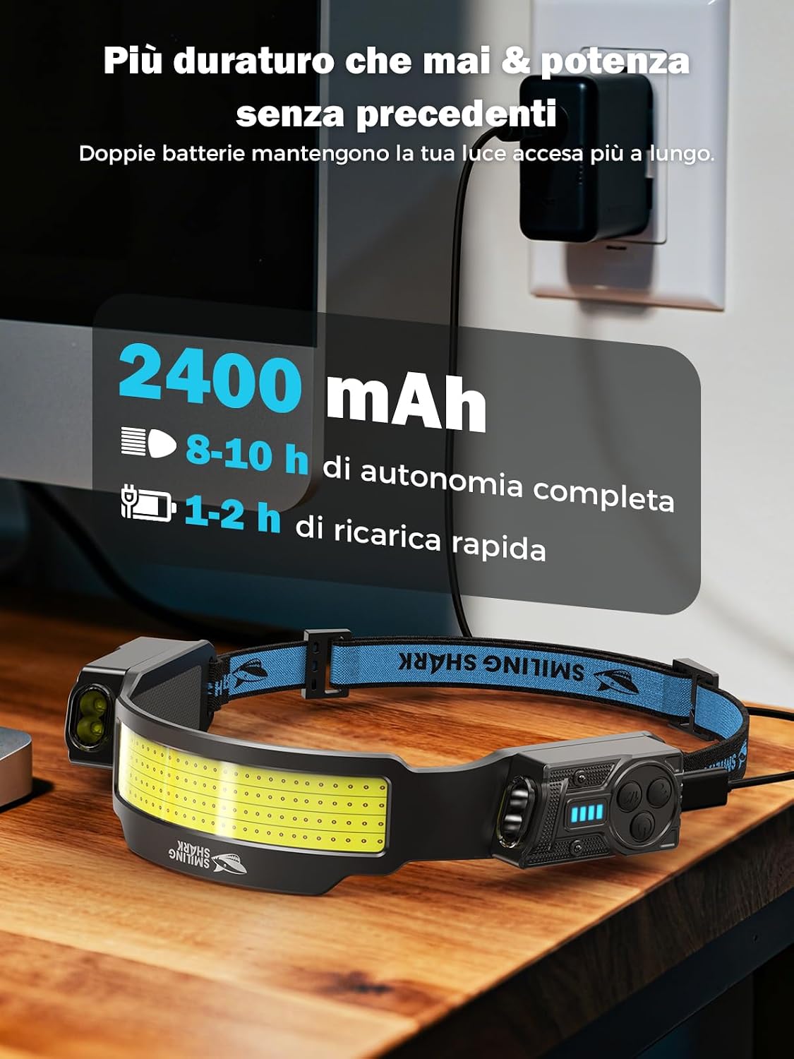 Detalle de Smiling Shark Lampada Frontale LED Ricaricabile – 4 Ampio Luce, 5 Modalità, sensore movimento
