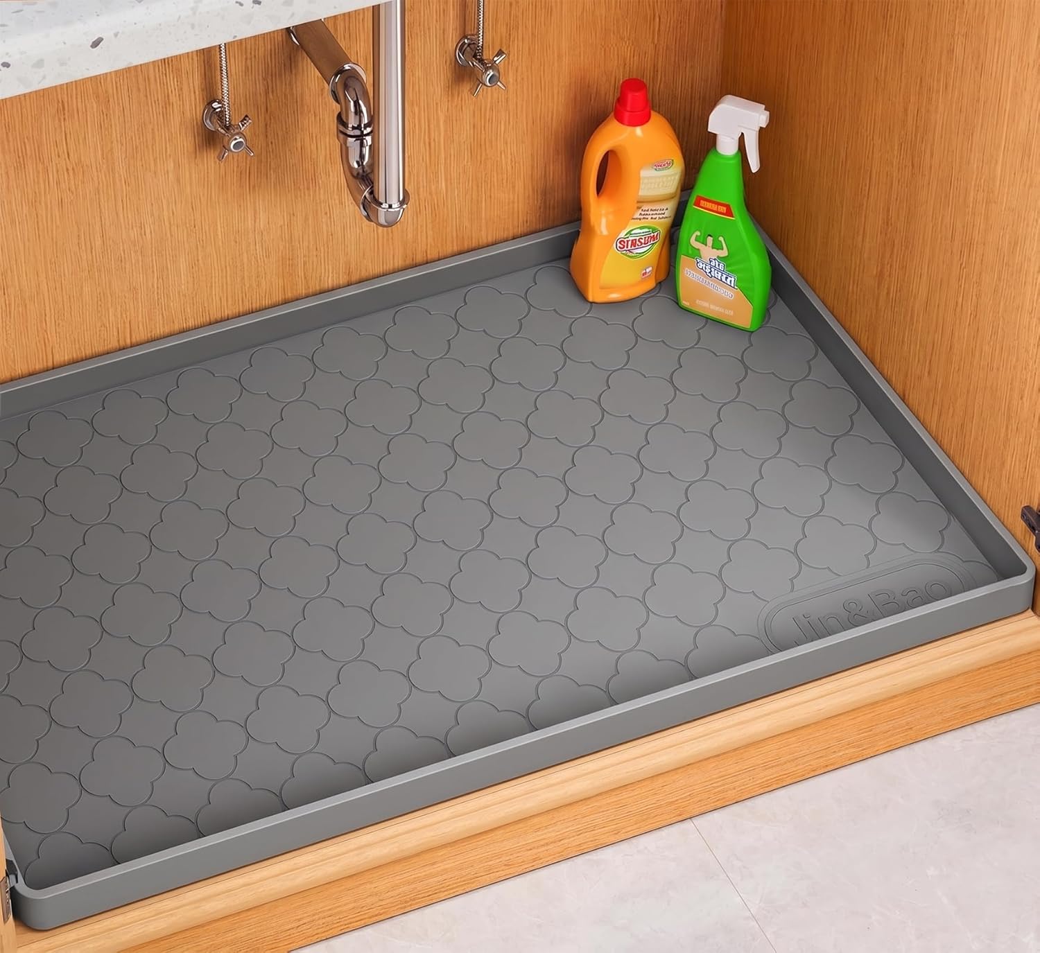 Detalle de Jin&Bao Waterproof Under Sink Mat (25" x 19") – Thick Silicone Cabinet Protector & Shelf Liner