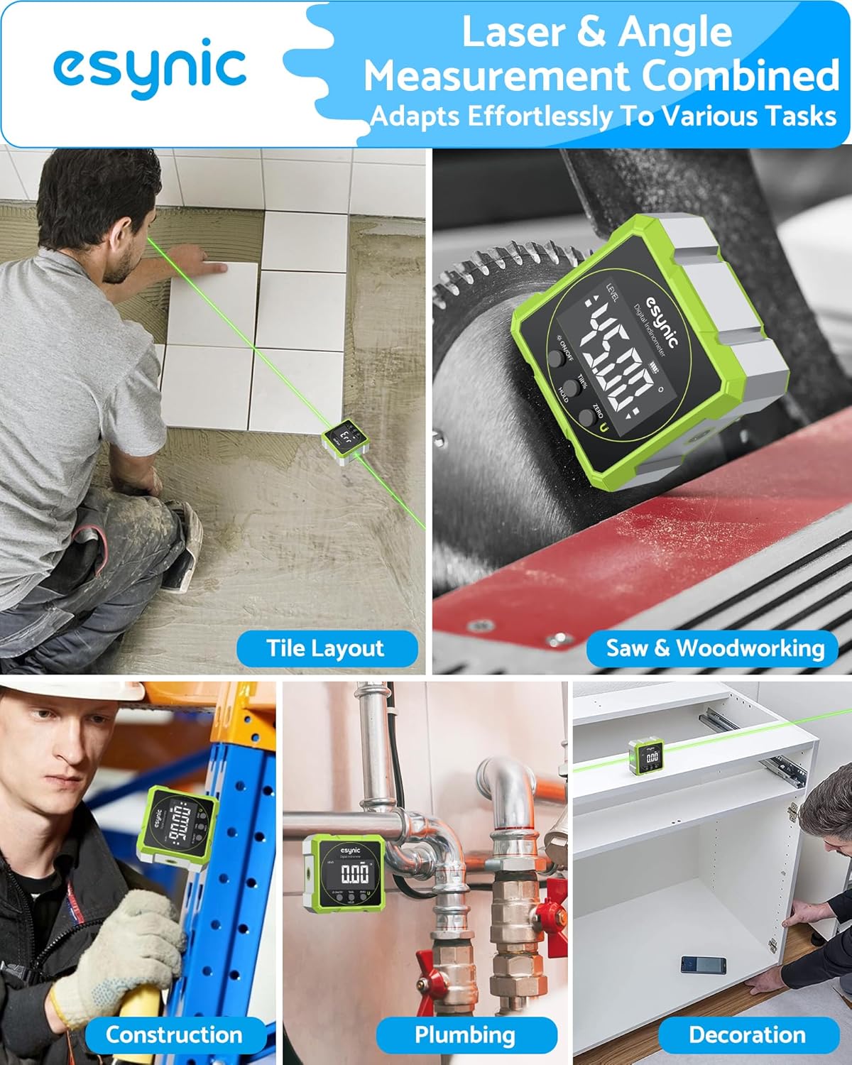 Thumbnail 6 de eSynic Digital Angle Finder with Green Laser – 4-Sided Magnetic Inclinometer