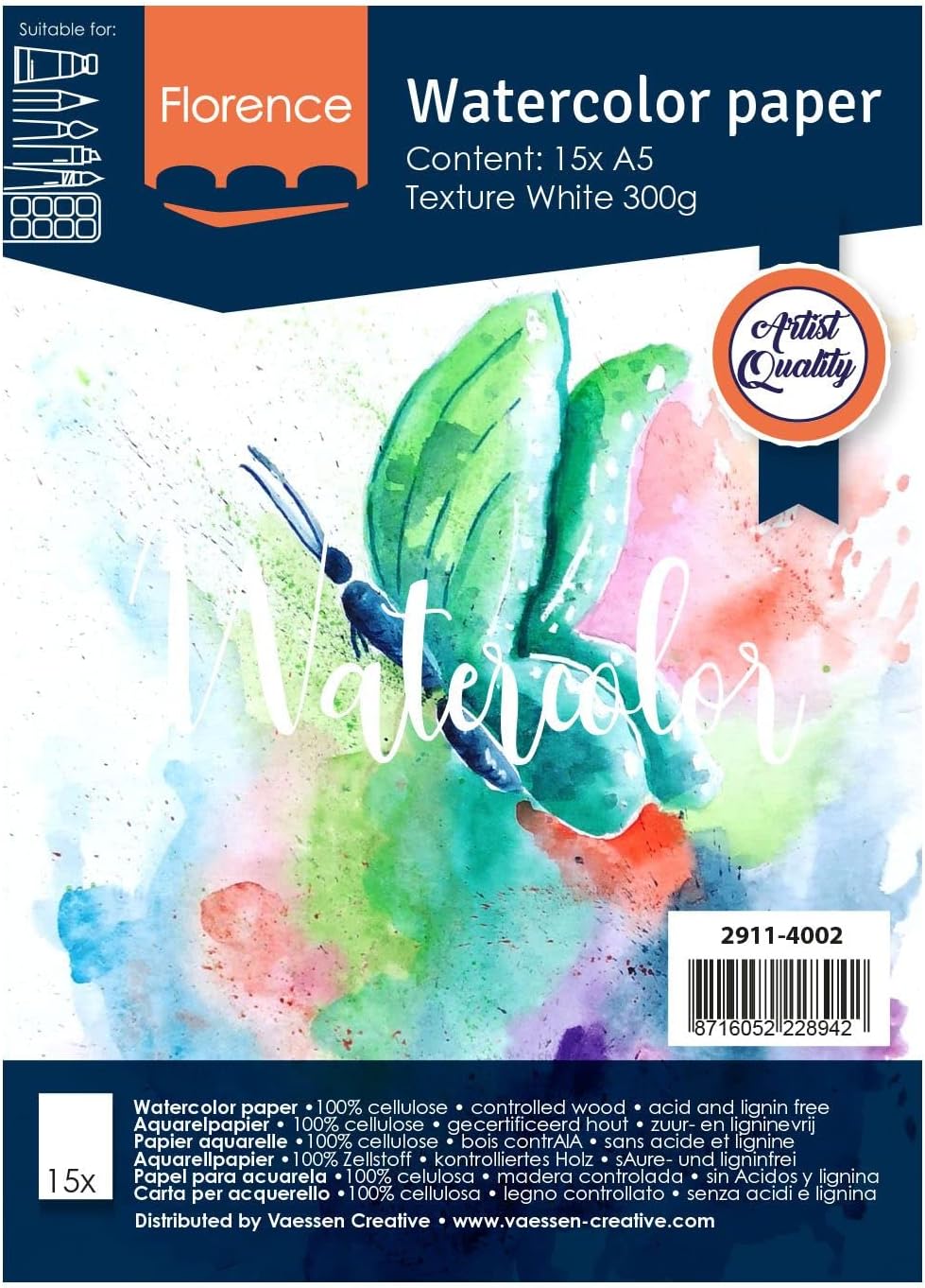Detalle de Vaessen Creative Papier Aquarelle Florence Pressé à Chaud A5 – 100 feuilles, Blanc Intense 200 g/m²
