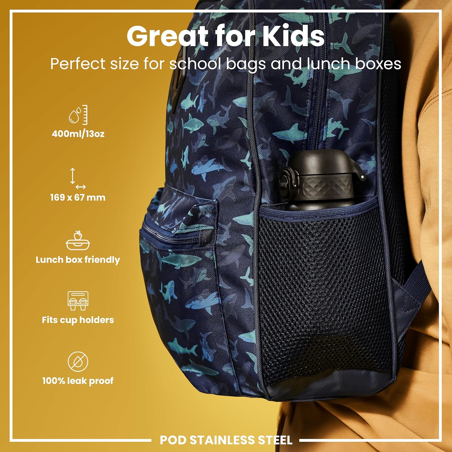 Detalle de ION8 Lightweight Steel Kids Water Bottle (400ml/13oz) – Leak Proof, Dishwasher Safe, Black