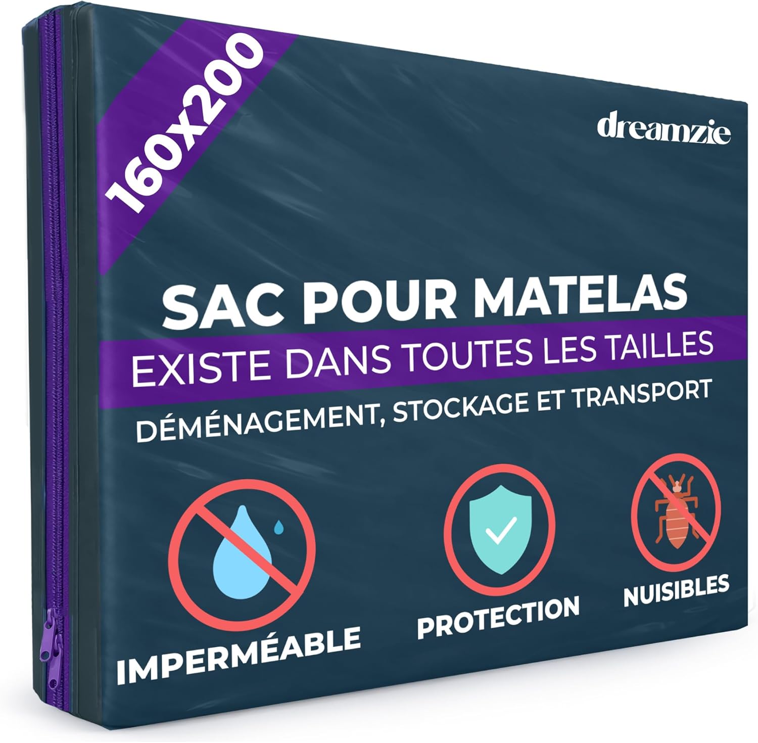 Dreamzie housse de protection pour matelas en plastique opaque (160x200 cm) avec fermeture éclair, pour déménagement, stockage et transport