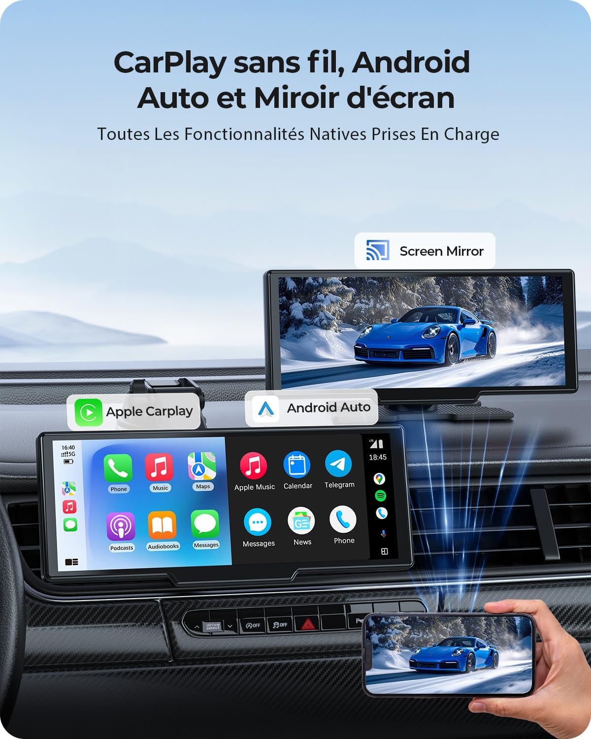 Thumbnail 2 de Krunia Écran portable sans fil 9,26" avec CarPlay/Android Auto, double caméra 4K et HD arrière