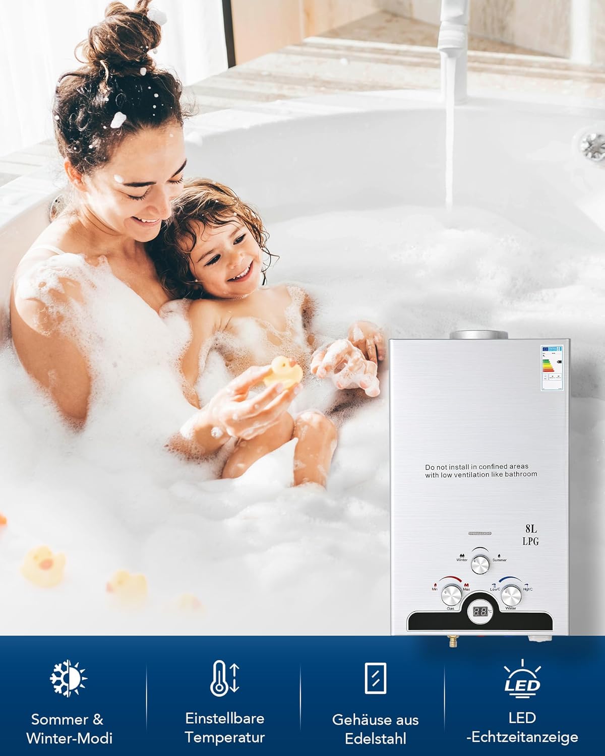 Thumbnail 1 de CO-Z 8L LPG-Gasdurchlauferhitzer (13,6 kW) – 8 l/min Tankless Warmwasserbereiter mit Sommer-/Winter-Muster