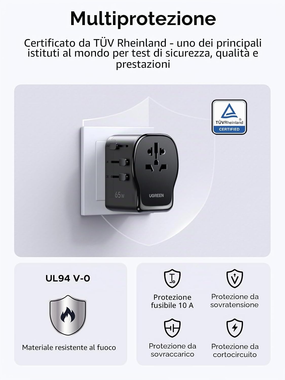 Thumbnail 6 de UGREEN 65W Adattatore da Viaggio Universale 4 in 1: 2× USB-C, 1× USB-A, spina globale EU/UK/US/AU