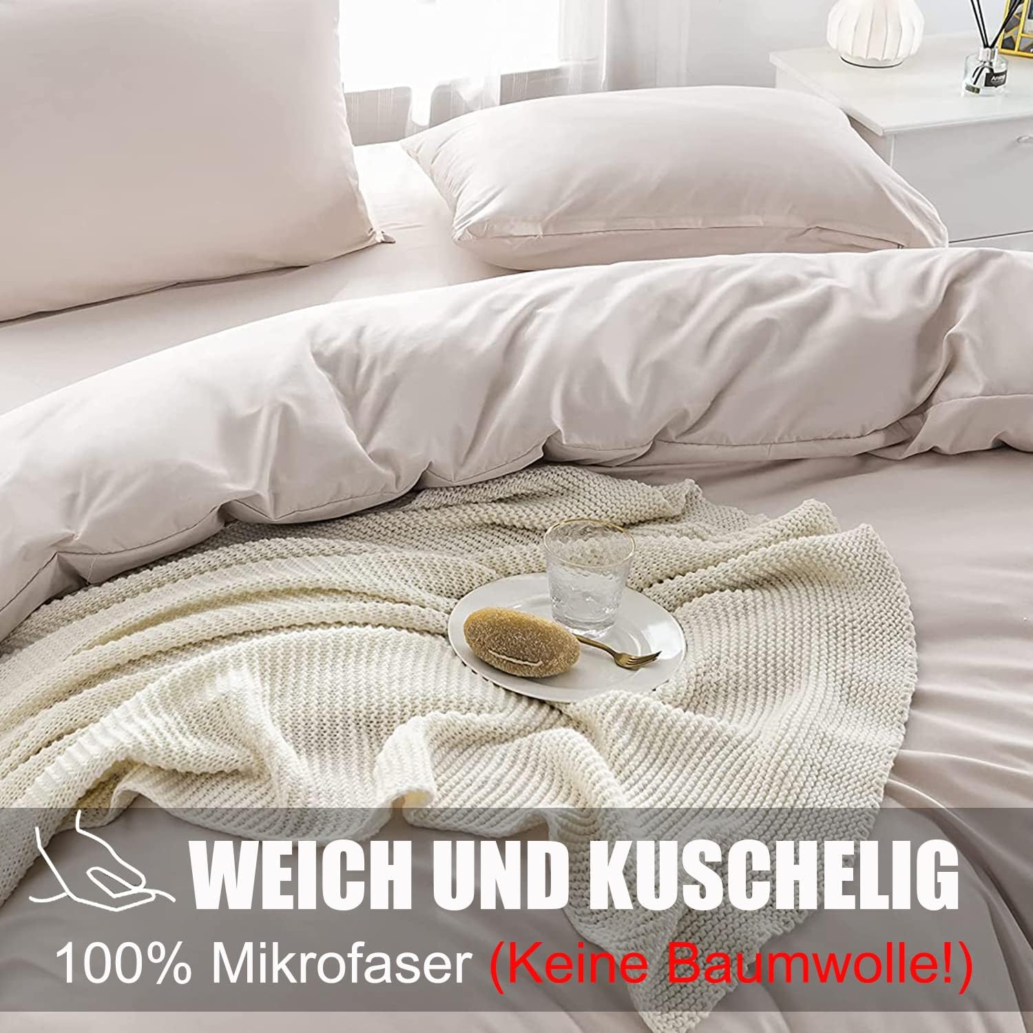 Detalle 2 de Soifox Bettwäsche 155x220 Beige – Mikrofaser-Set mit Reißverschluss, knitterfrei und pflegeleicht