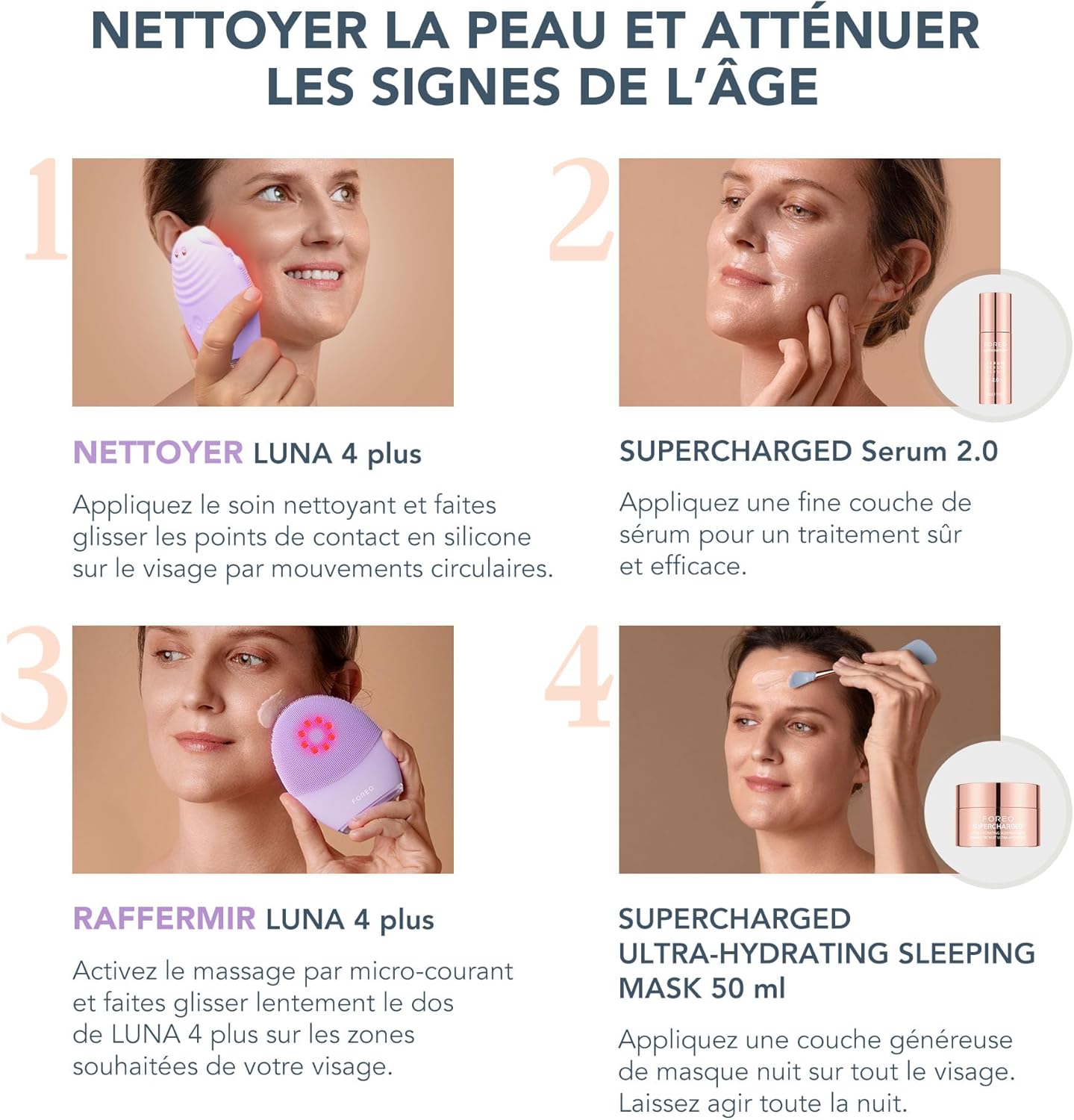 Thumbnail 1 de Set FOREO Firm & Clean : brosse de nettoyage LUNA 4 plus + sérum SUPERCHARGED 2.0 + masque de nuit